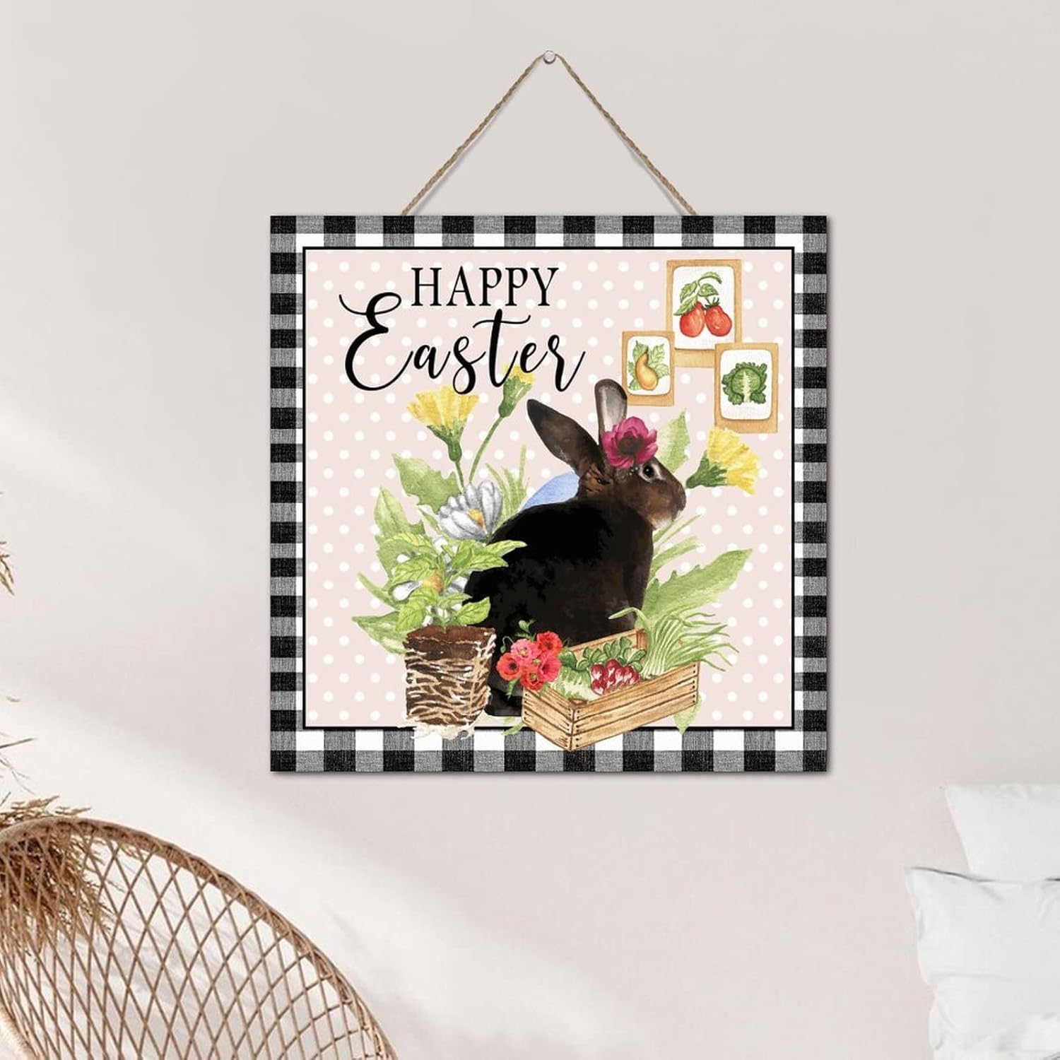Autravelco Vintage Easter Bunny Wood Sign 12x12