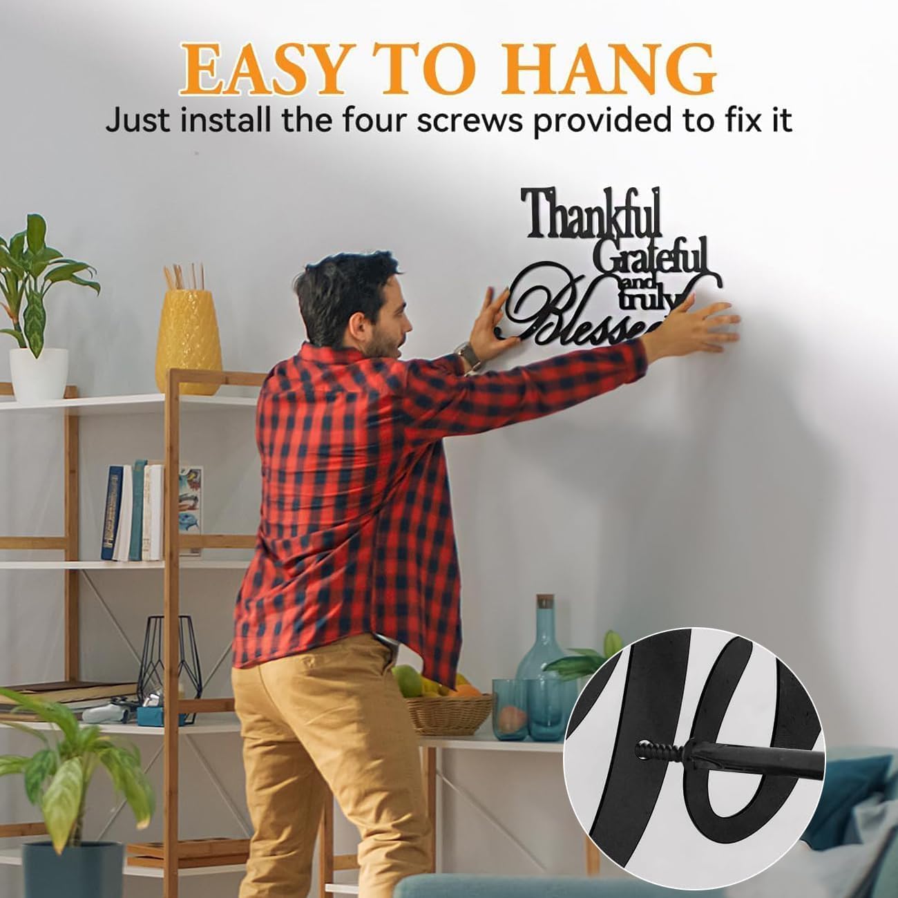 Thankful Grateful Blessed Wall Art Black 18x12 Metal Decor