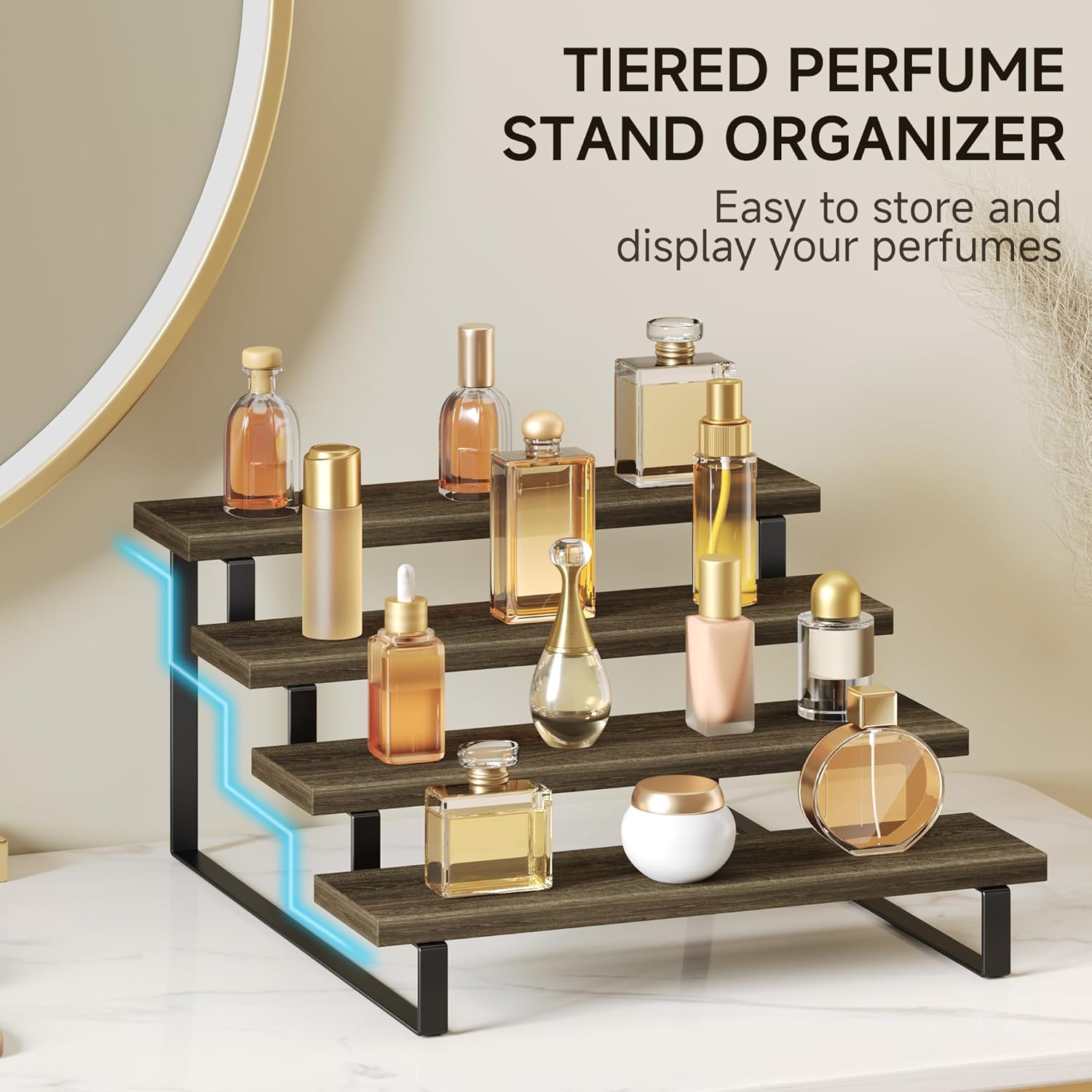 4 Tier Wooden Perfume Display Stand with Metal Frame