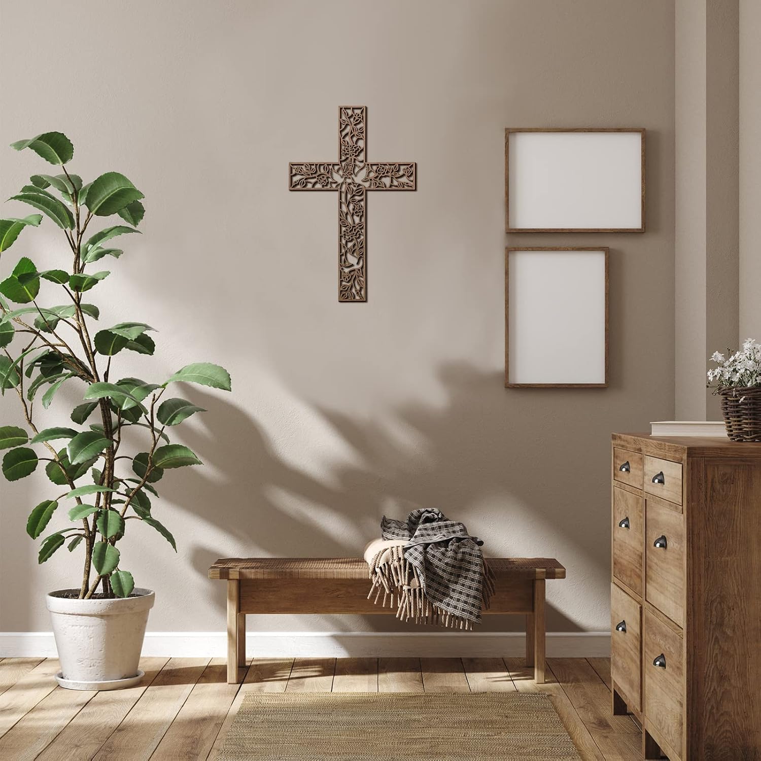 Yookeer Wall Hanging Wooden Cross Flower Decor