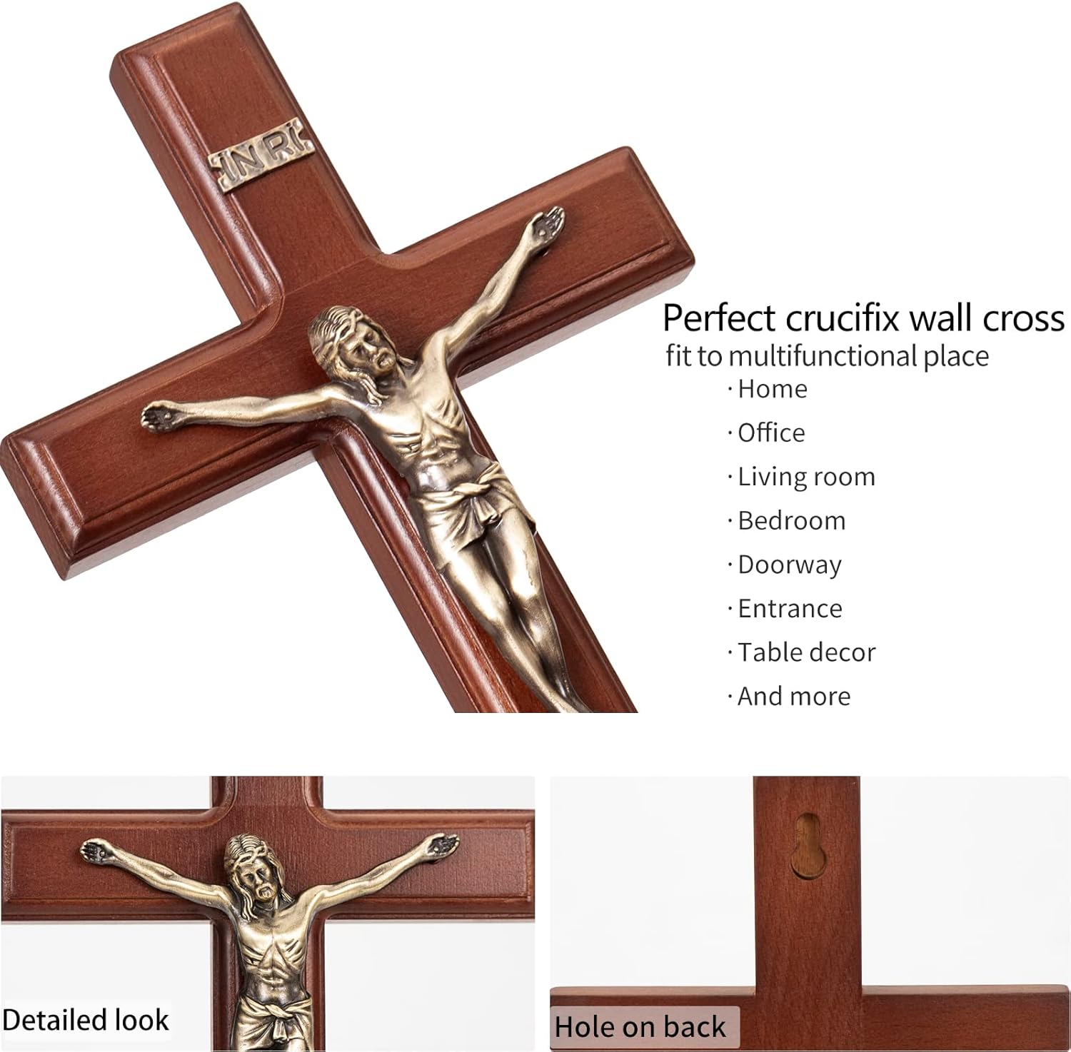 ARCHOBAN 12 Inch Wooden Wall Cross with Jesus Christ - Brown and Antique Brass