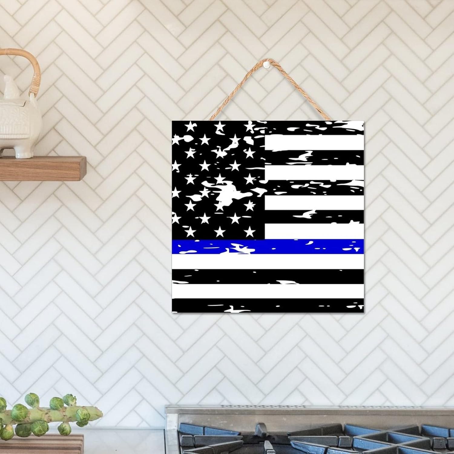 Thin Blue Line Black American Flag Wooden Sign 12x12in