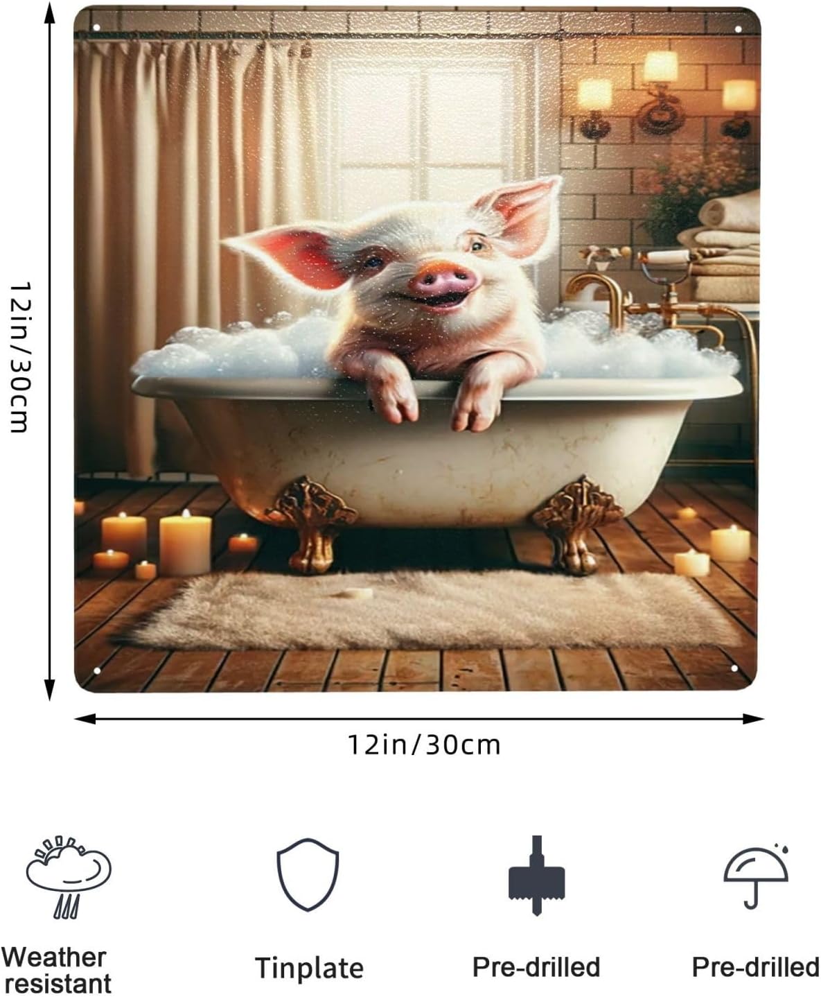 Charming Piglet Bath Time Rustic Metal Wall Art 12x12inch