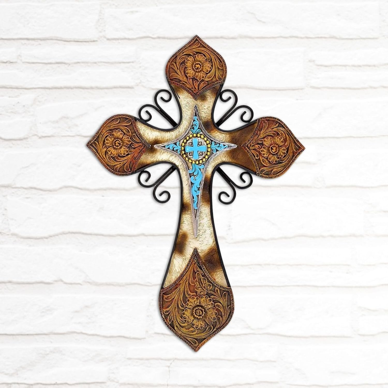 Rustic Western Style Wall Cross with Turquoise and Floral Design