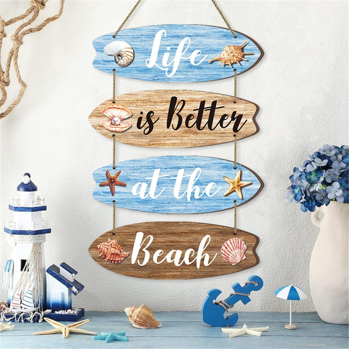 Wooden Beach Wall Decor Sign with Shells and Starfish