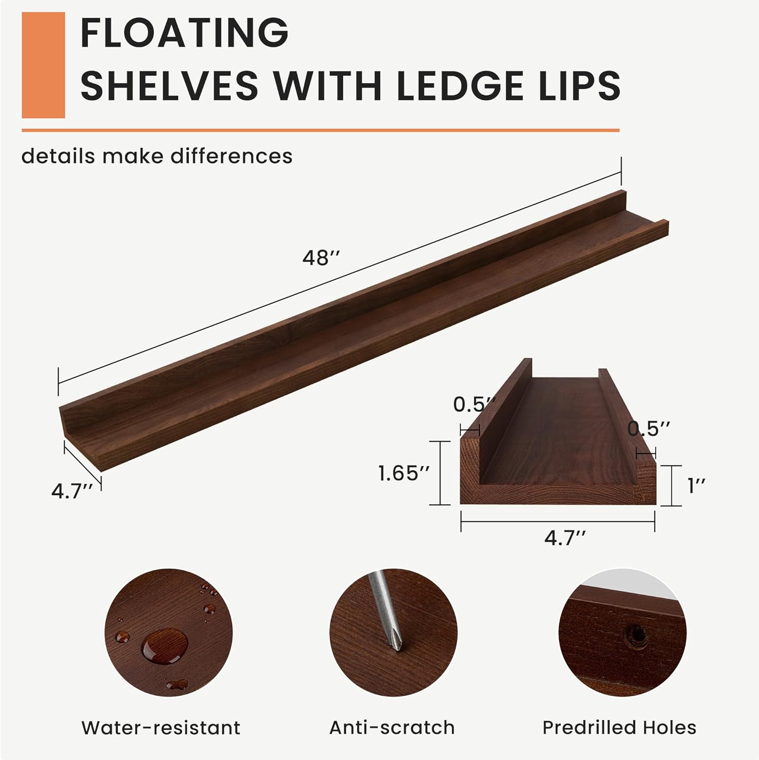 Acovy Solid Ash Wood Floating Shelves Set of 2 48 Inch Long Walnut