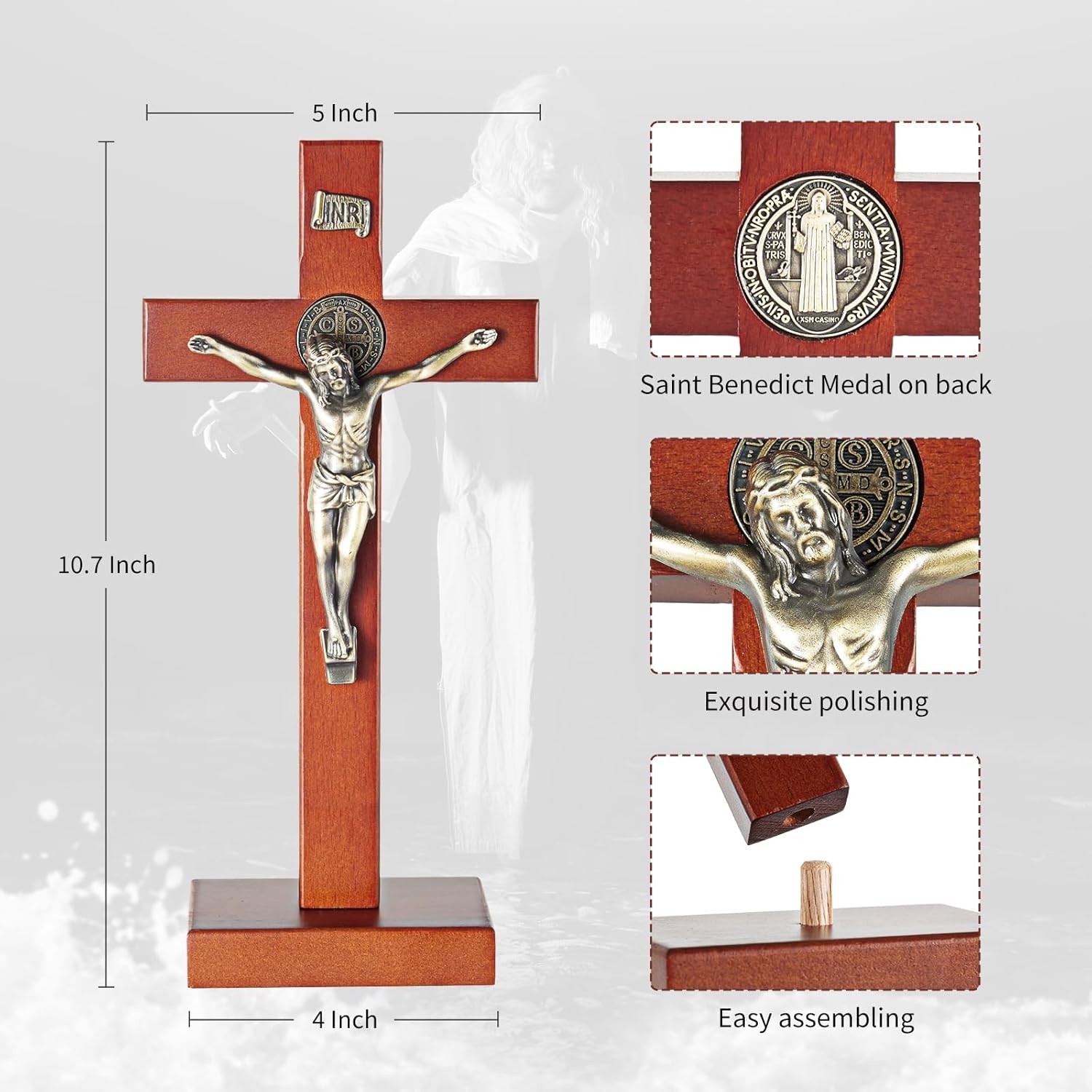 ARCHOBAN Wooden Crucifix Wall Cross with Stand - Brown and Antique Brass