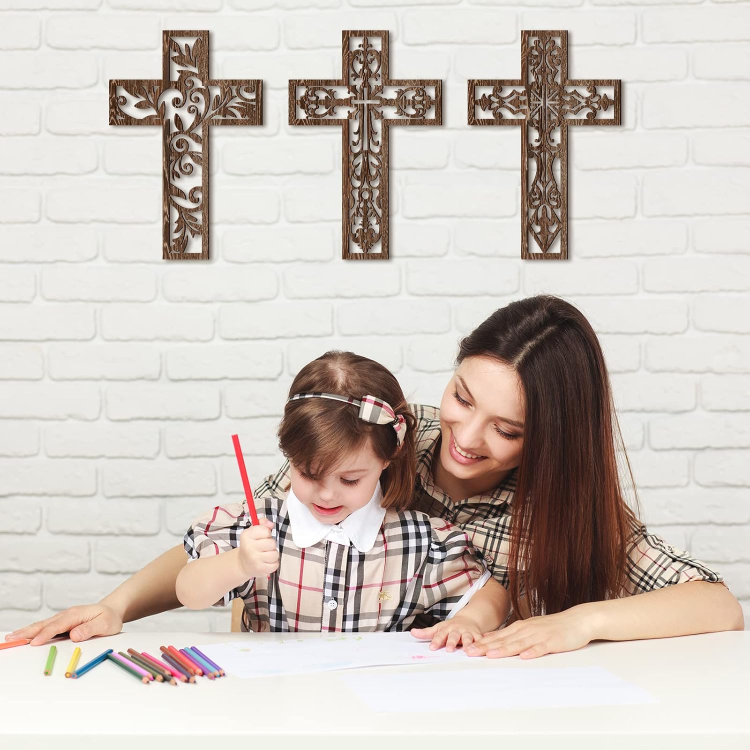 Yookeer 3 Pcs Handmade Brown Wooden Wall Cross Decor