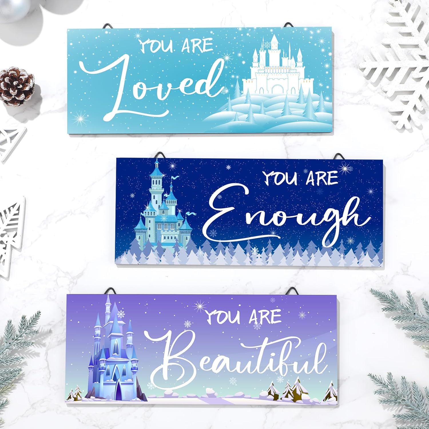 3 Pcs Winter Snowflake Positive Quotes Wooden Wall Art Prints