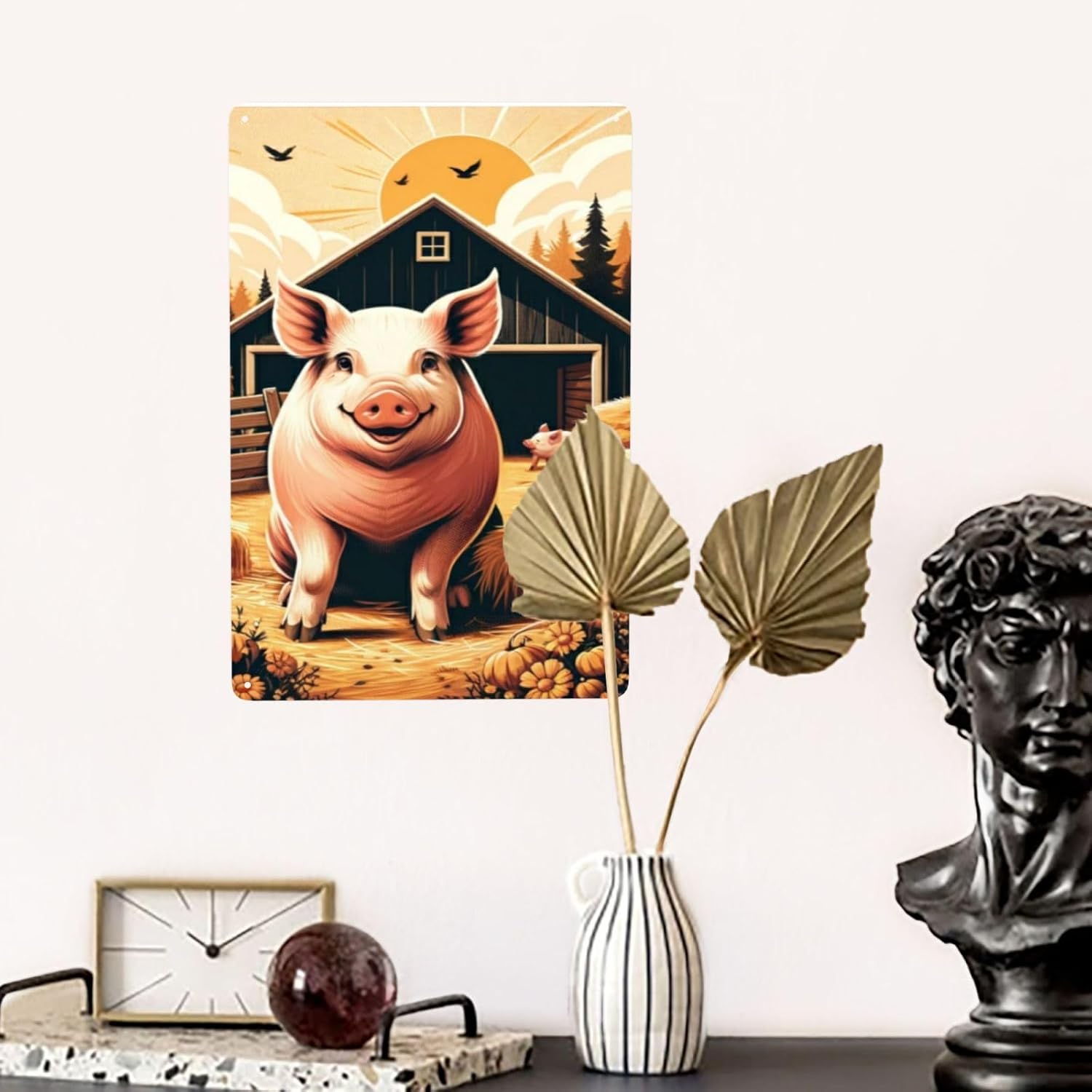 Farmhouse Metal Wall Art with Retro Pig Barnyard Tin Sign