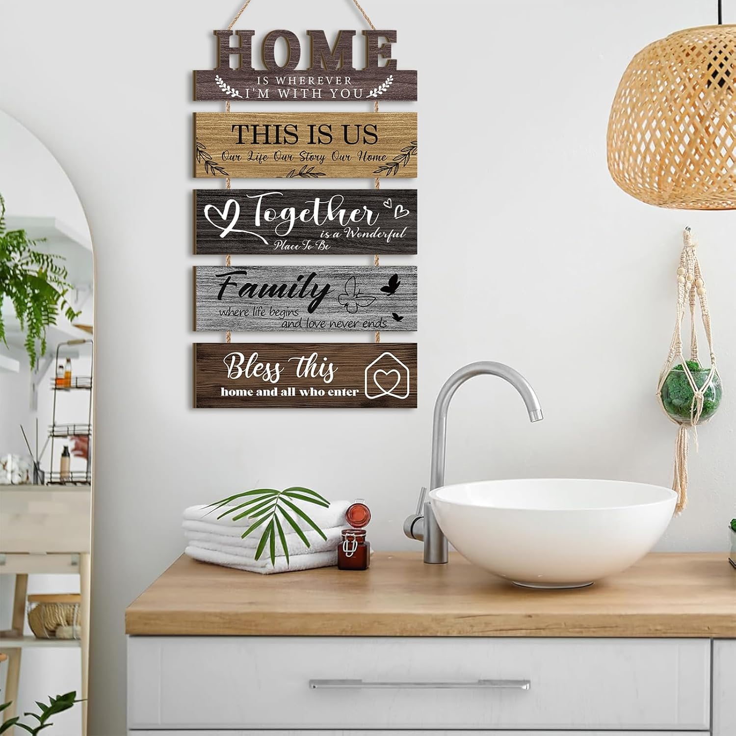 HLNIUC 5 Piece 3D Wood Family Quotes Wall Sign Set