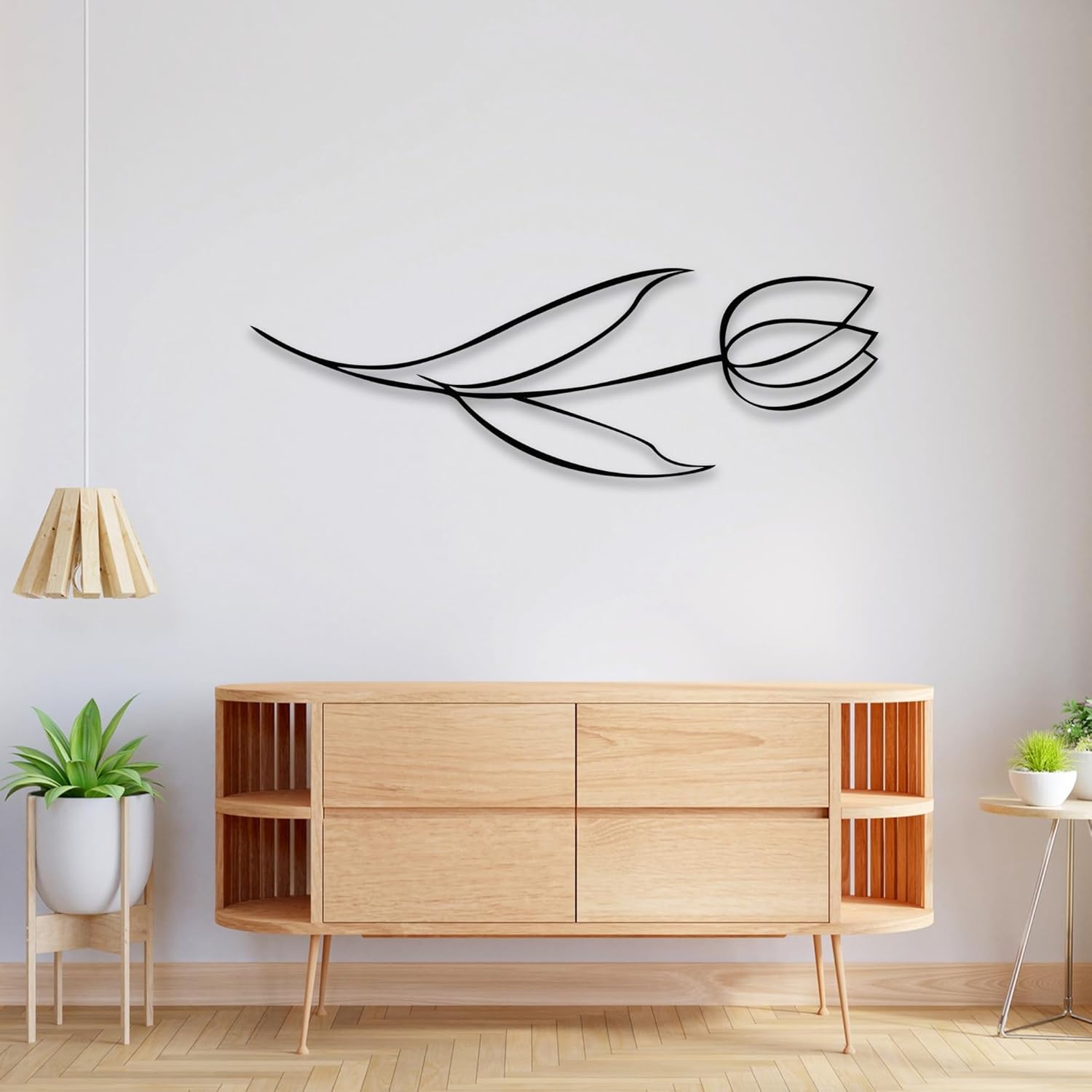 Minimalist Floral Metal Wall Sculpture Modern Tulip Design - 24x8 Inches