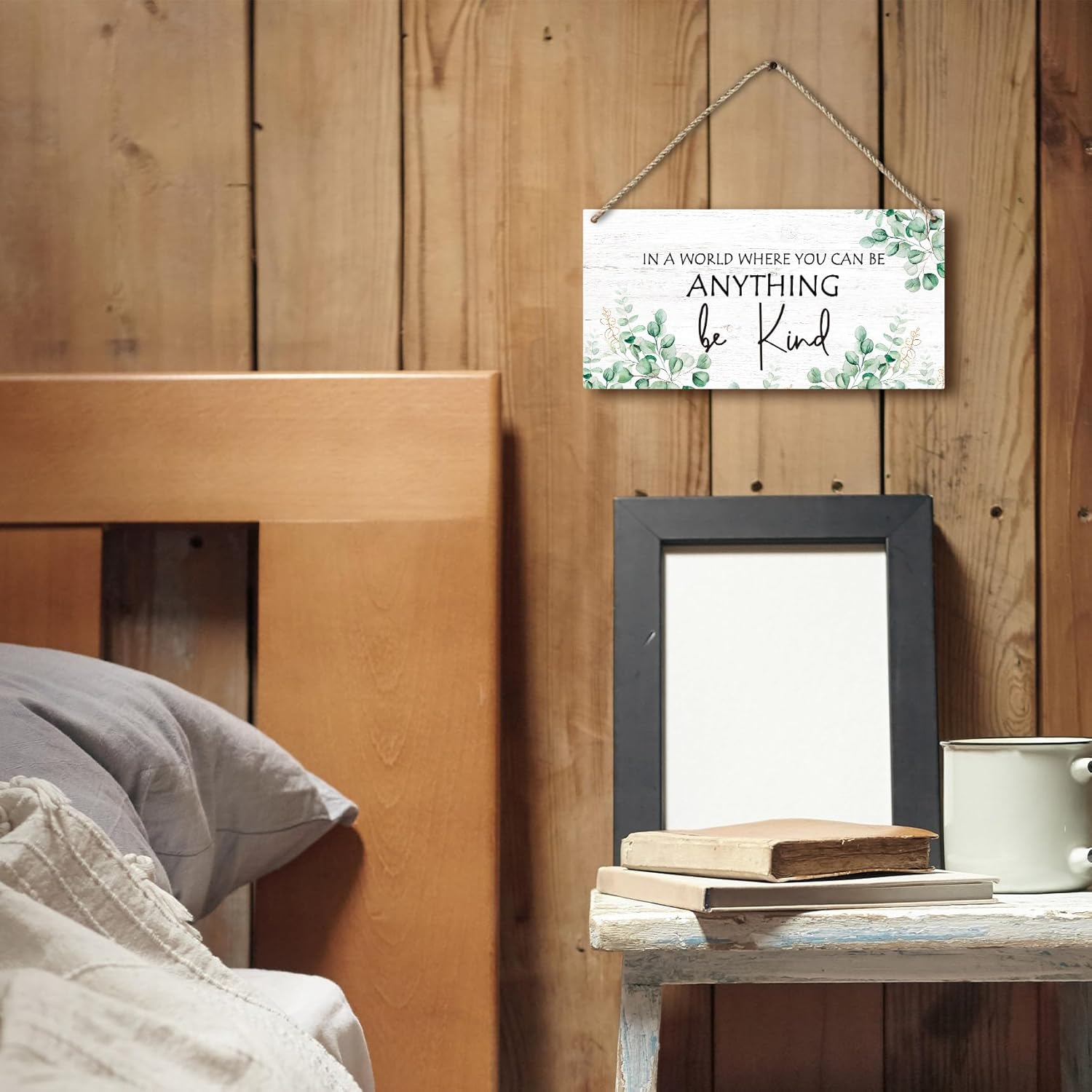 PHAMTE Be Kind Wooden Sign with Eucalyptus Leaf Design