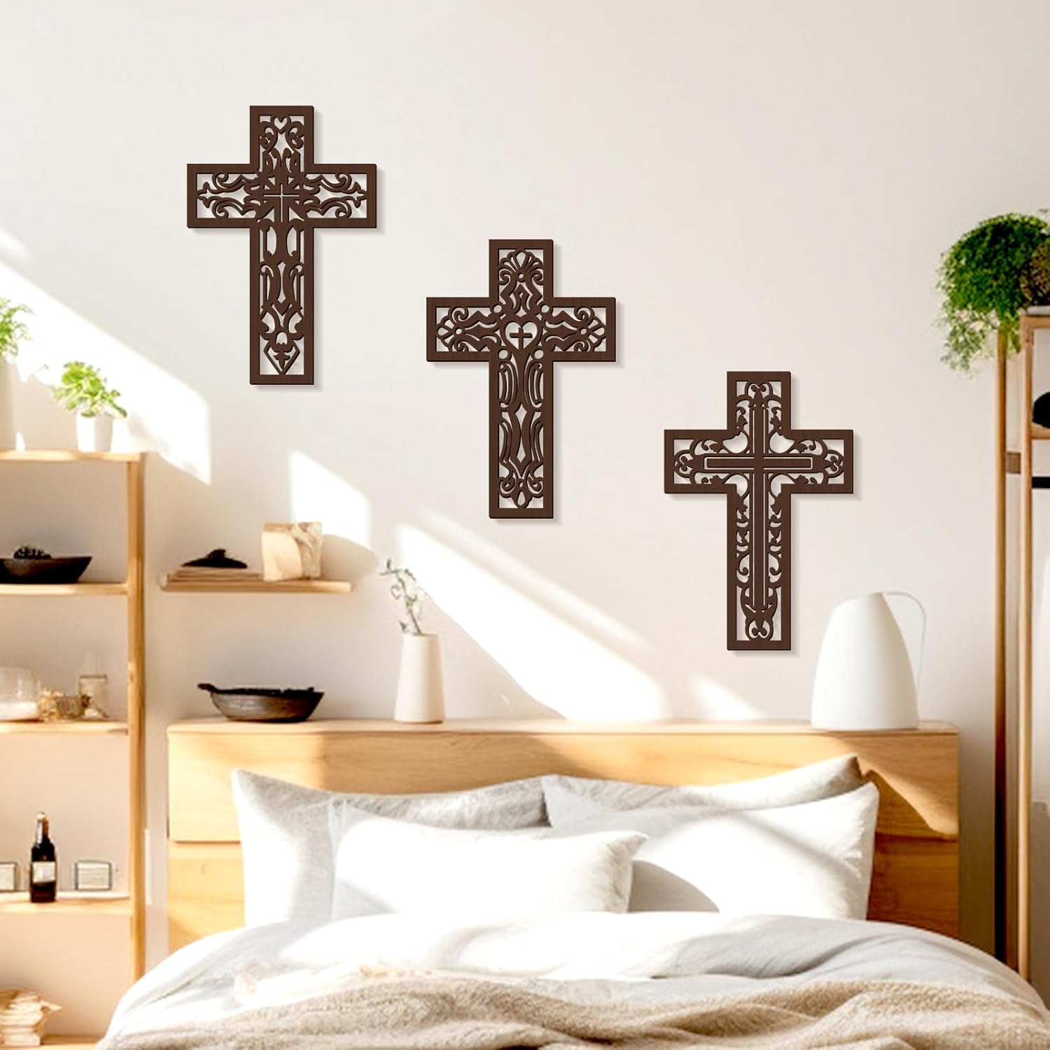 Bnesi 3 Pcs Wooden Cross Wall Decor Brown Crosses