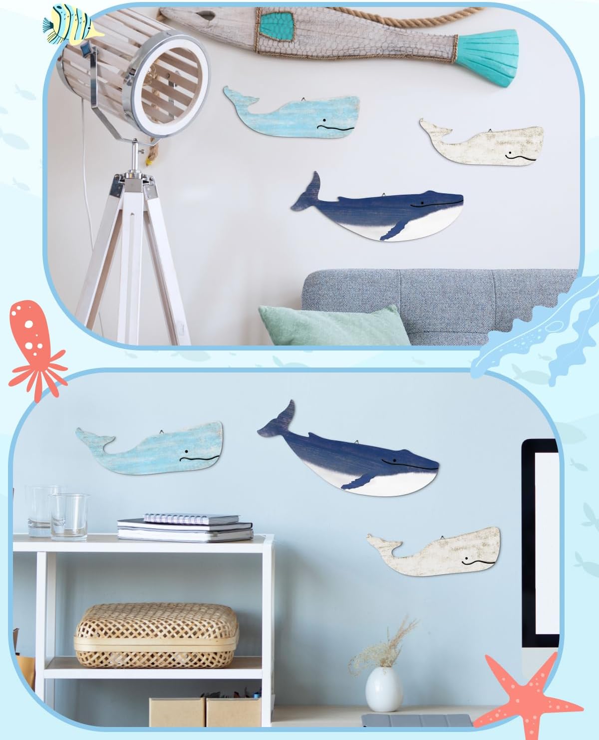 Putuo Decor 3 Piece Blue and White Whale Wall Sculptures