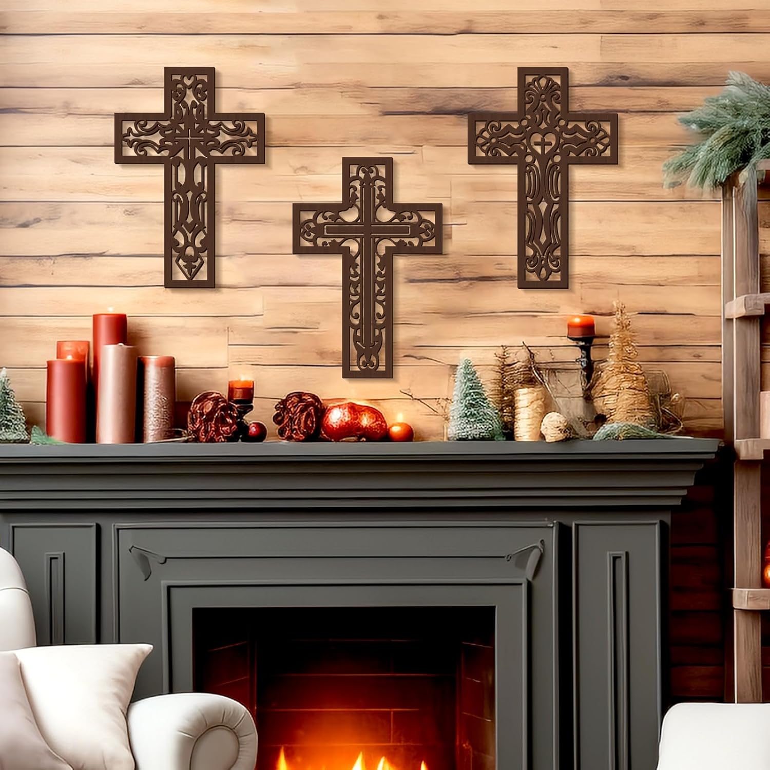Bnesi 3 Pcs Wooden Cross Wall Decor Brown Crosses