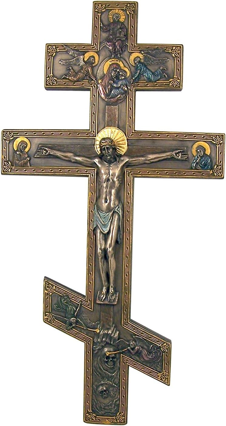 17 Inch Bronzed Marble Resin Orthodox Cross Wall Plaque with Angels