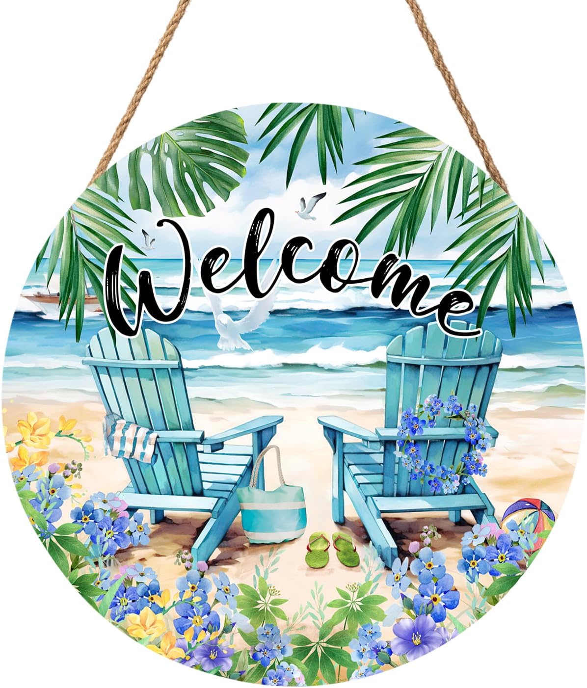 Welcome Summer Sea Chair Front Door Sign Wooden Wreath 12x12