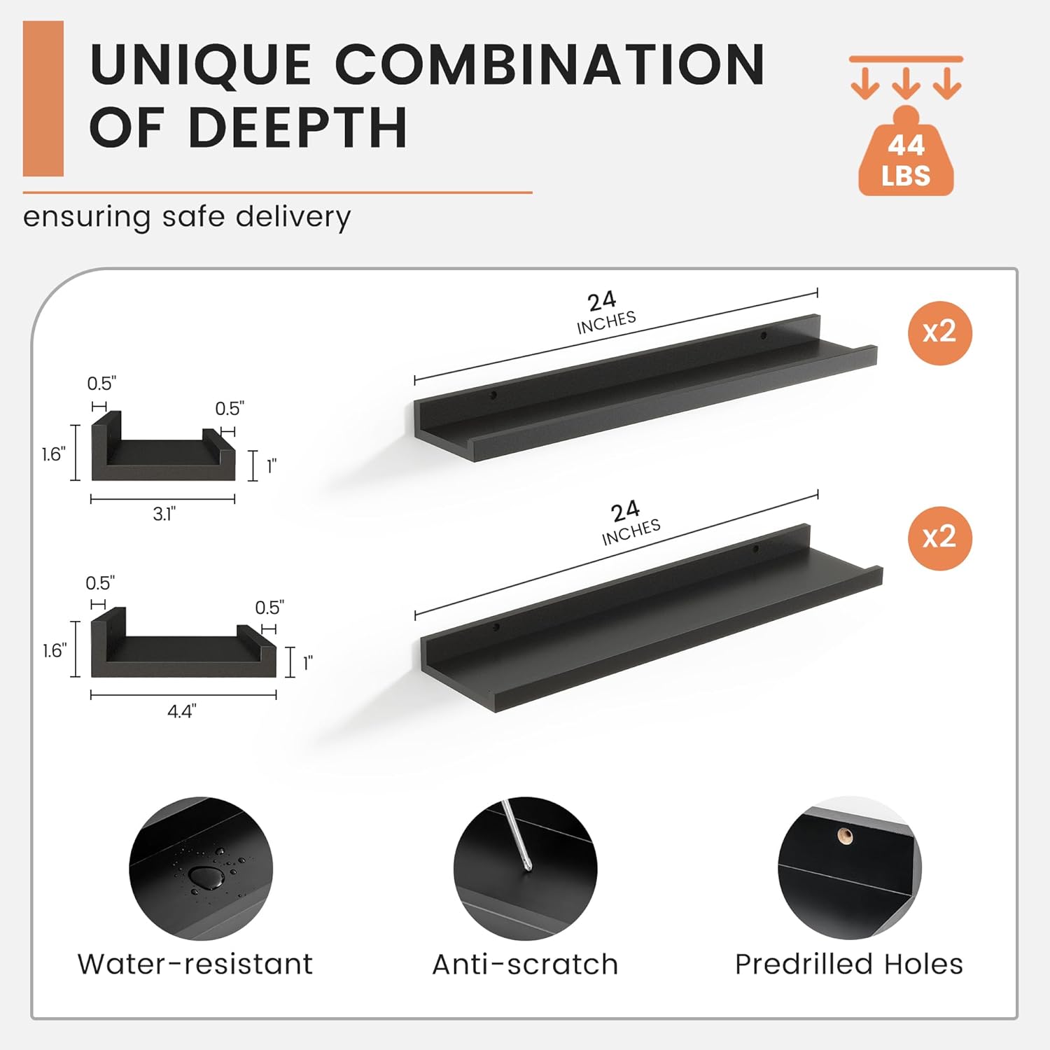 Modern Black Floating Shelf Set of 4 24 Inches Long