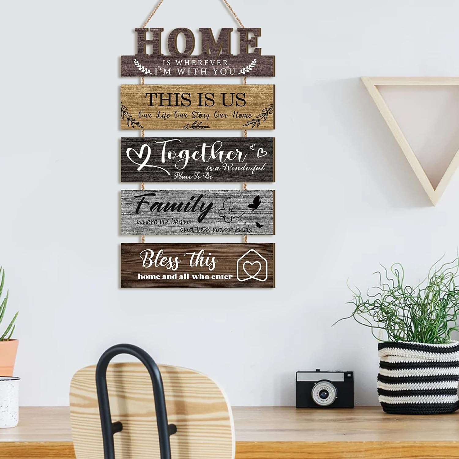 HLNIUC 5 Piece 3D Wood Family Quotes Wall Sign Set