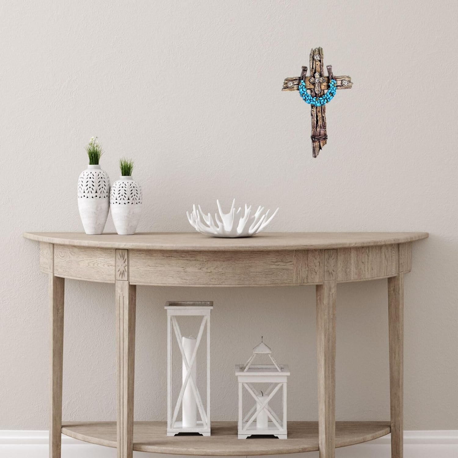 Rustic Drifted Wood Wall Cross with Turquoise Horseshoe