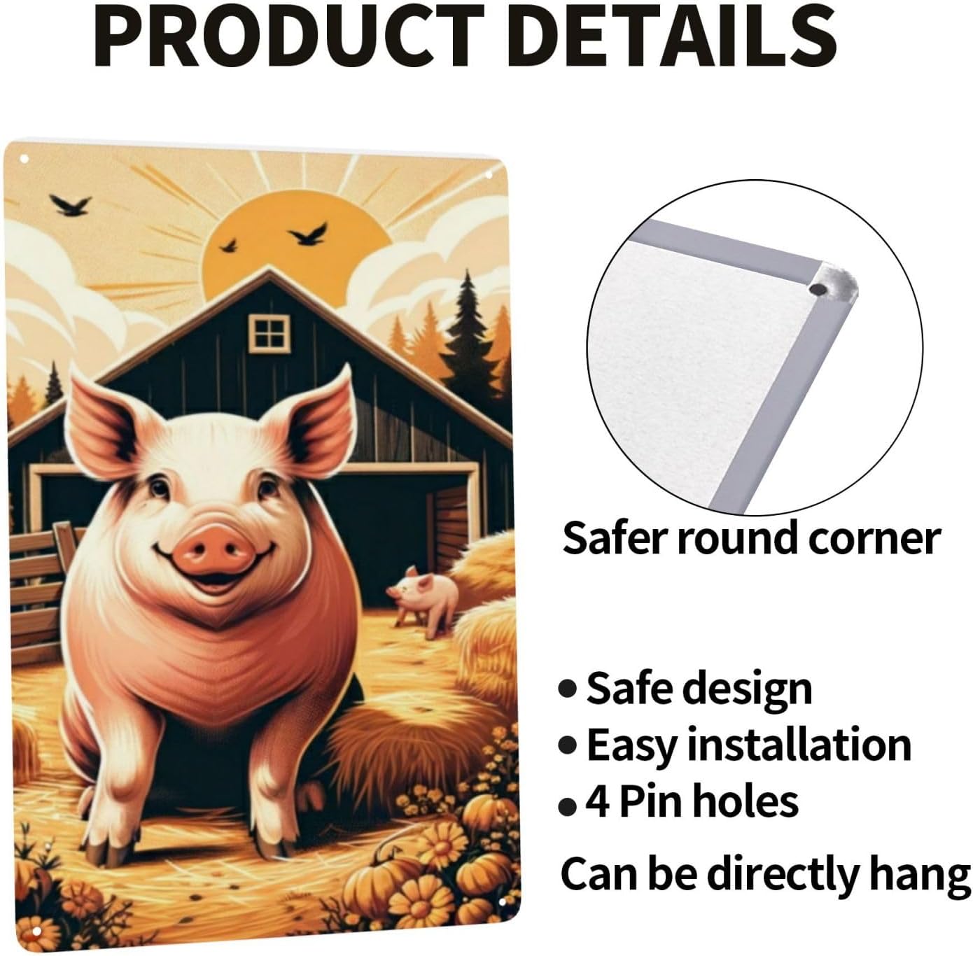 Farmhouse Metal Wall Art with Retro Pig Barnyard Tin Sign