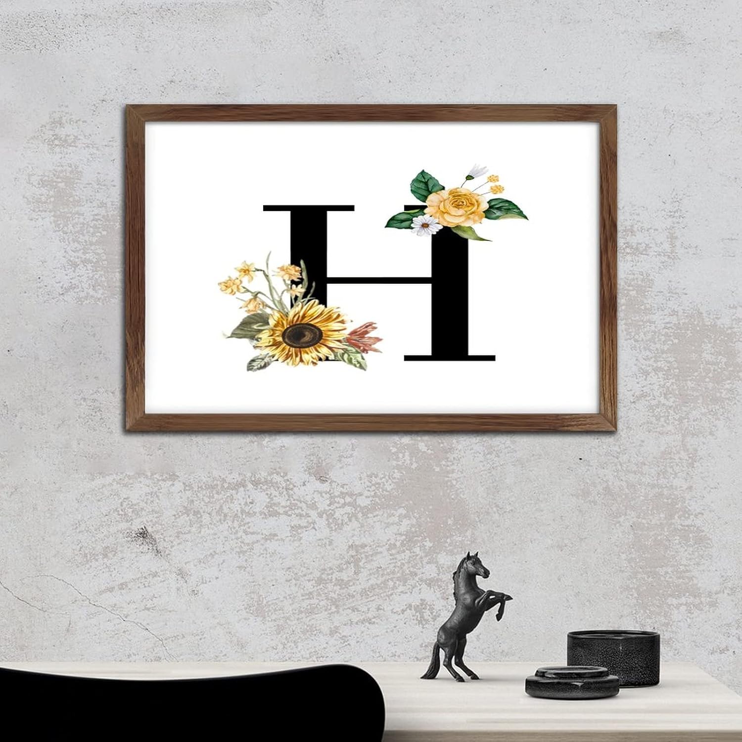 Black Monogram H Wood Framed Wall Sign Primitive Decor