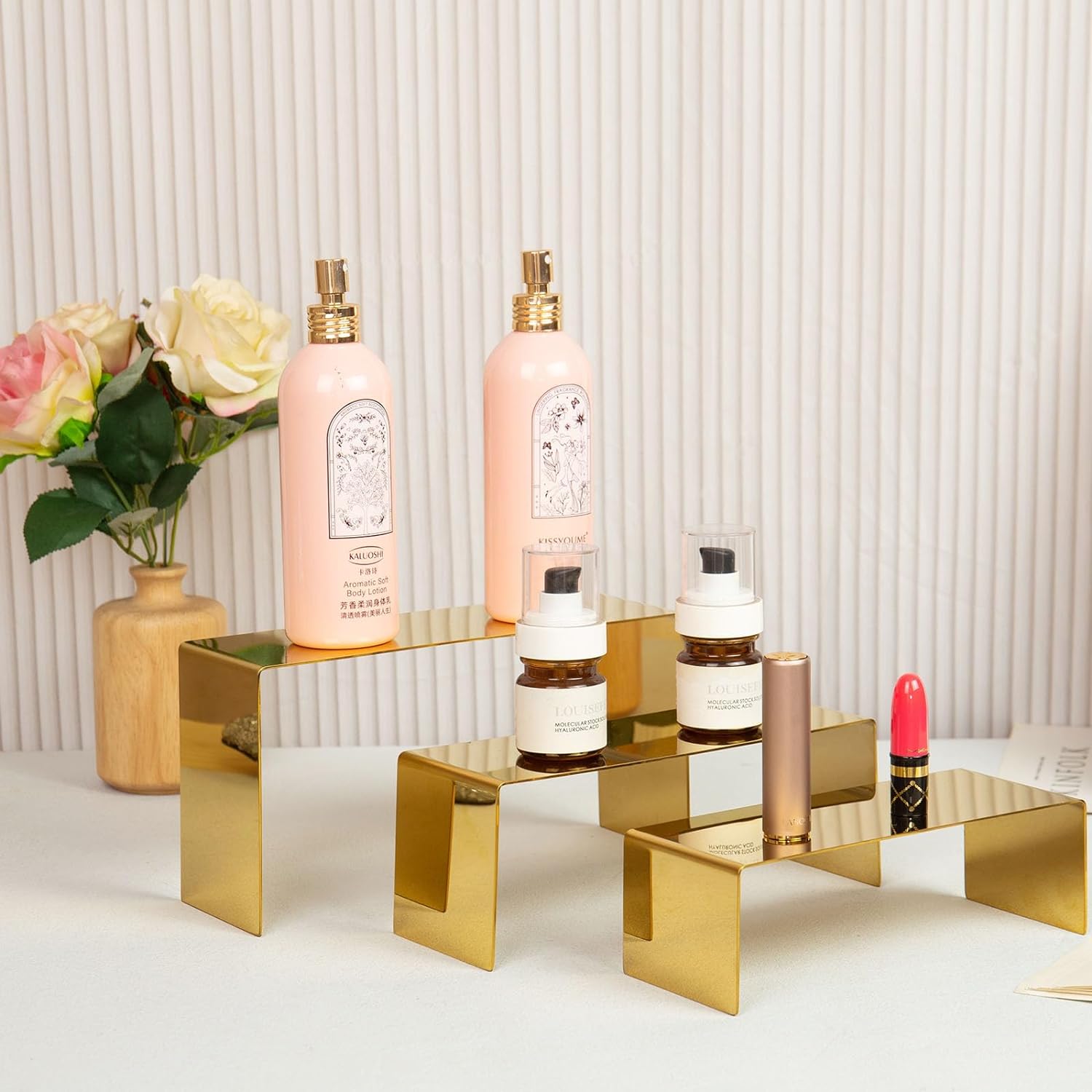 Three Gold Risers Display Stand for Handbags Shoes Jewelry