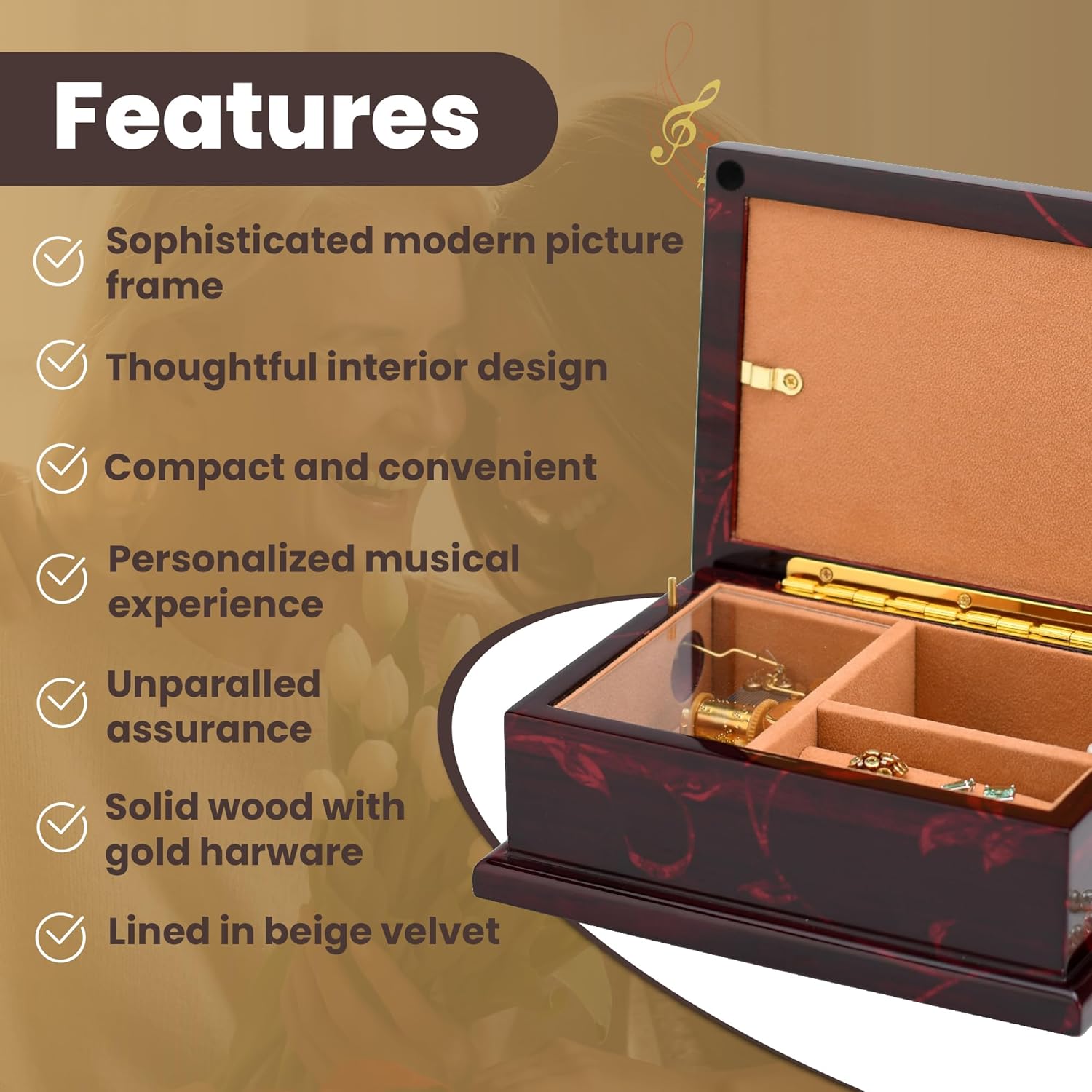Modern 4x6 Photo Frame Musical Jewelry Box with Floral Motifs