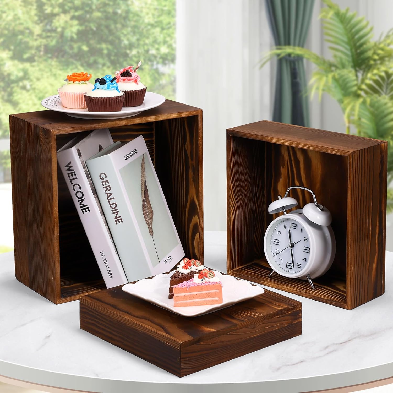 6 Pack Rustic Wood Risers Display Stands for Party and Buffet