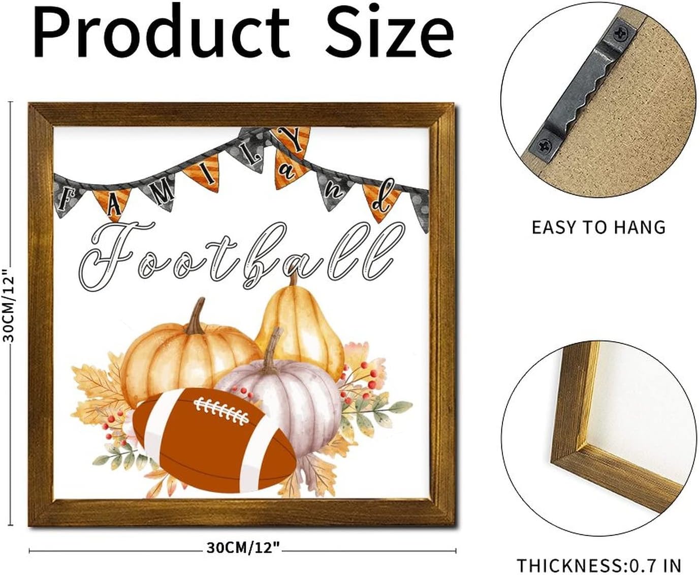 Family and Football Wood Framed Sign 12x12 Inch Wall Decor