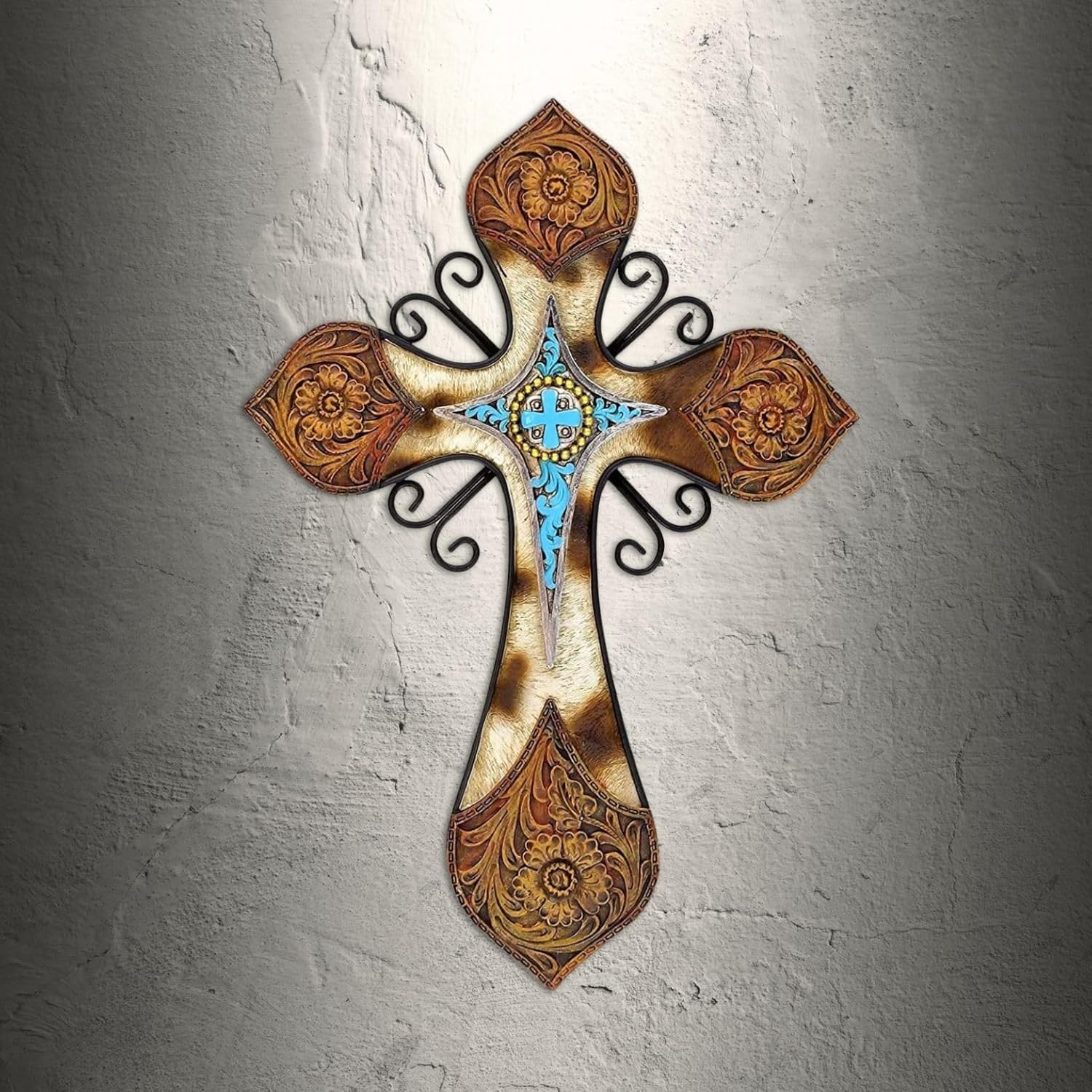 Rustic Western Style Wall Cross with Turquoise and Floral Design