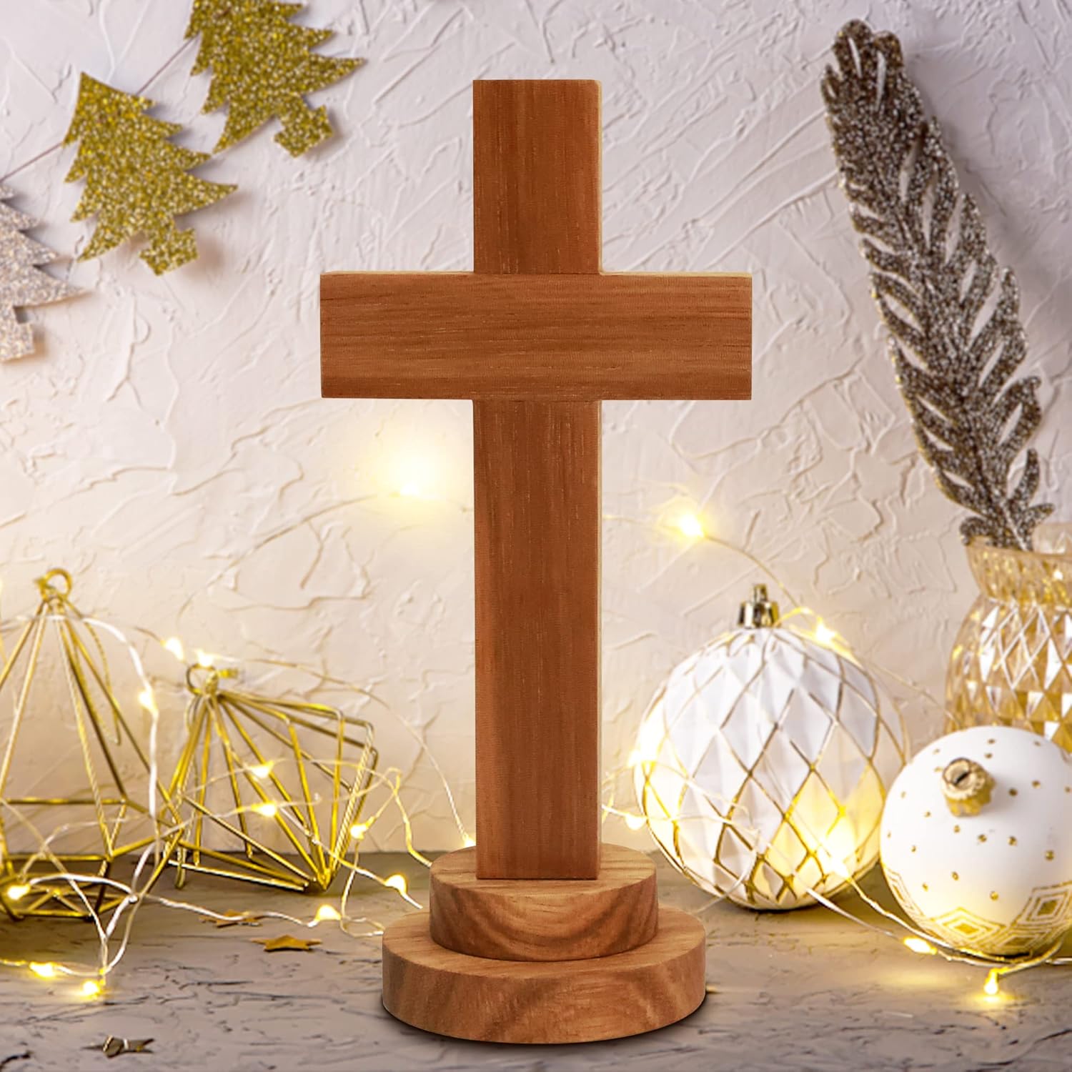 Attivolife Wood Cross Statue with Stand - Religious Christian Decor