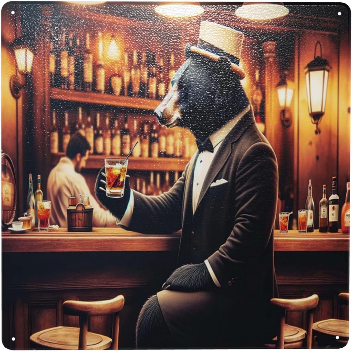Sophisticated Bear Bartender Retro Metal Wall Art