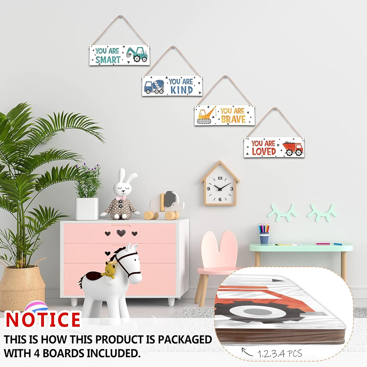 4 Piece Construction Vehicles Kids Room Wall Decor Wooden Signs
