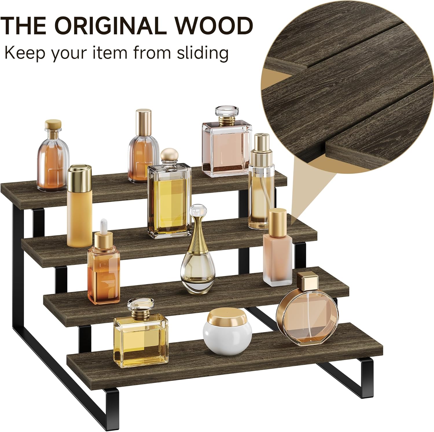 4 Tier Wooden Perfume Display Stand with Metal Frame