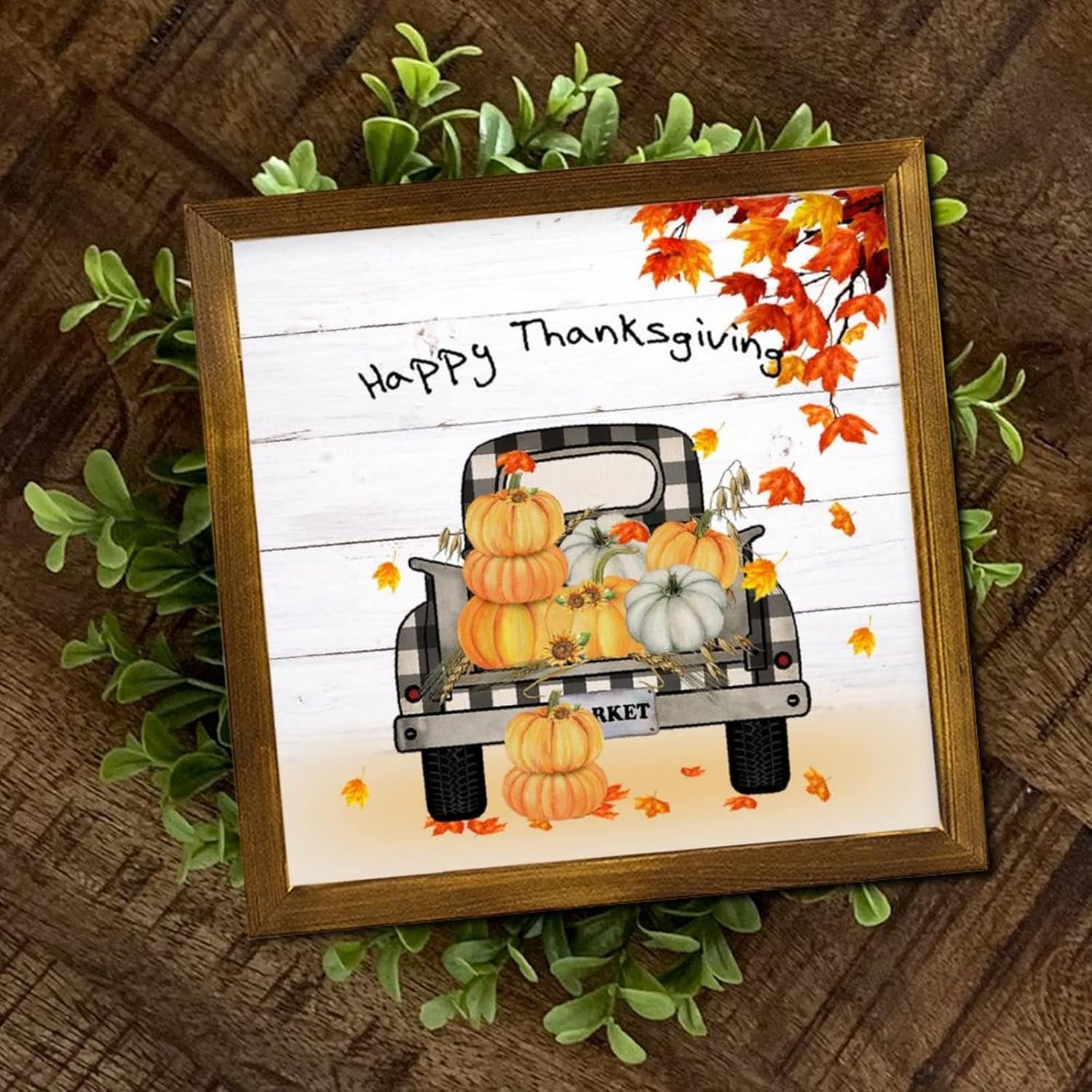 Happy Thanksgiving Pumpkin Plaid Truck Wooden Wall Sign