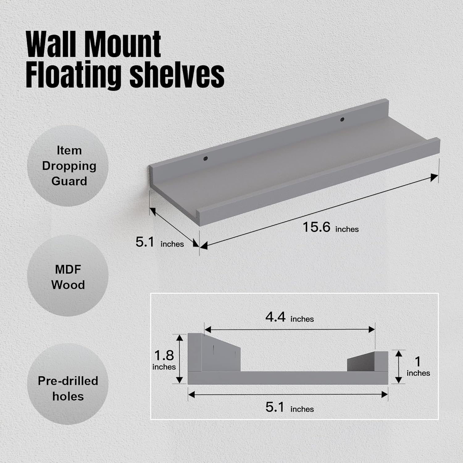 RICHER HOUSE Floating Wall Shelves Set - Grey