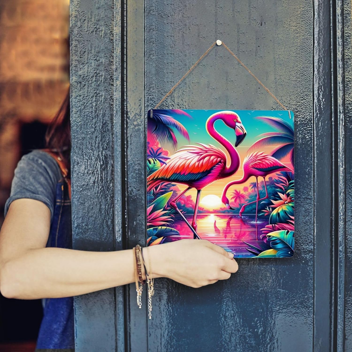 Tropical Sunset Flamingos Metal Wall Sign Decor