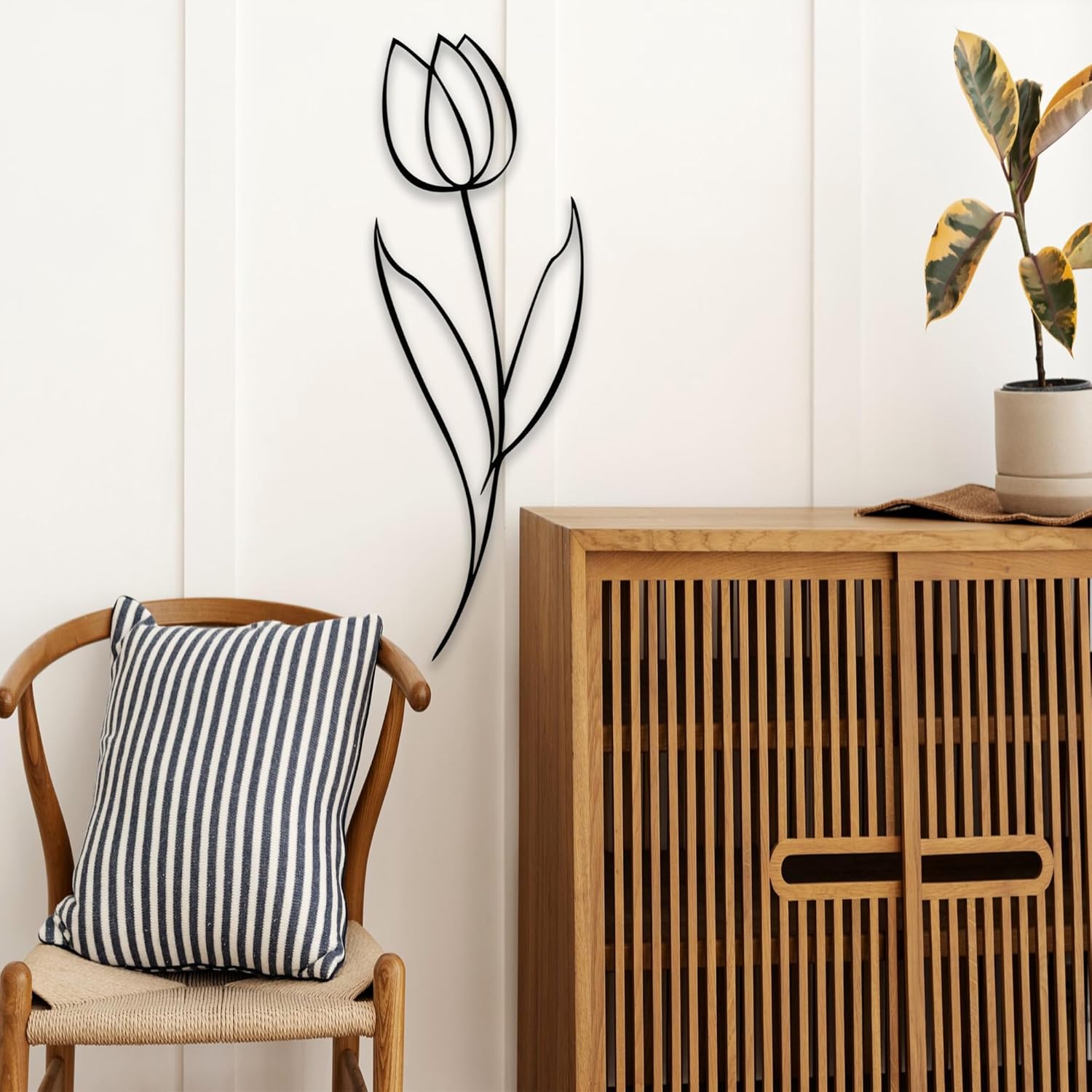 Minimalist Floral Metal Wall Sculpture Modern Tulip Design - 24x8 Inches
