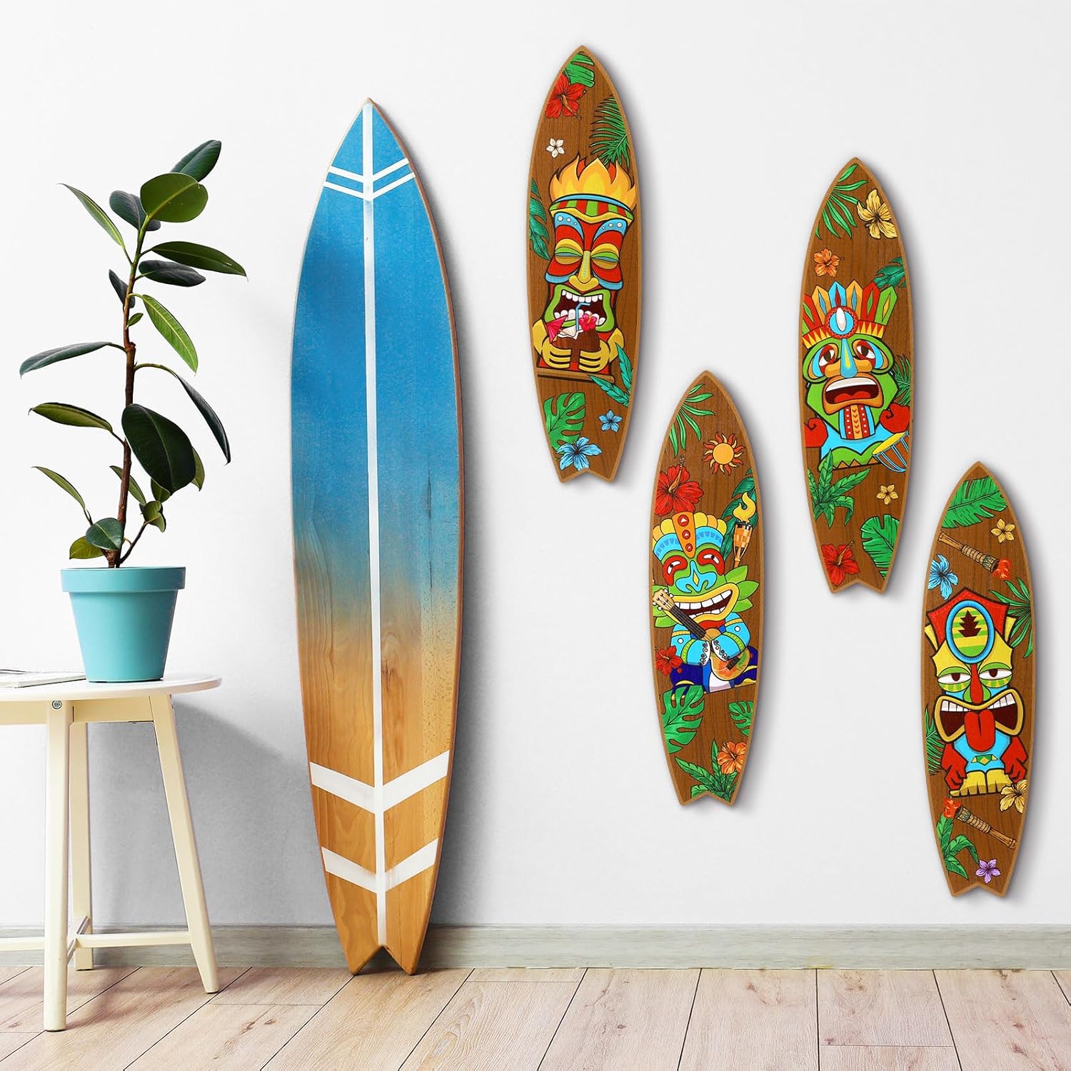 Blulu 4 Pcs Surfboard Wall Decor Wooden Tiki Sign