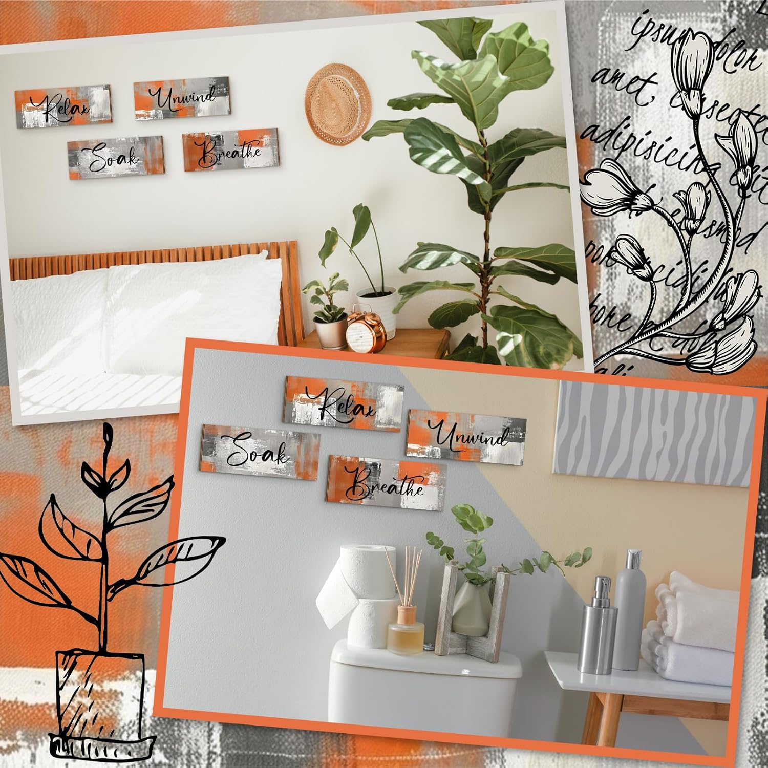 Maitys 4 Pcs Orange Bathroom Wall Decor Wood Art Pediments