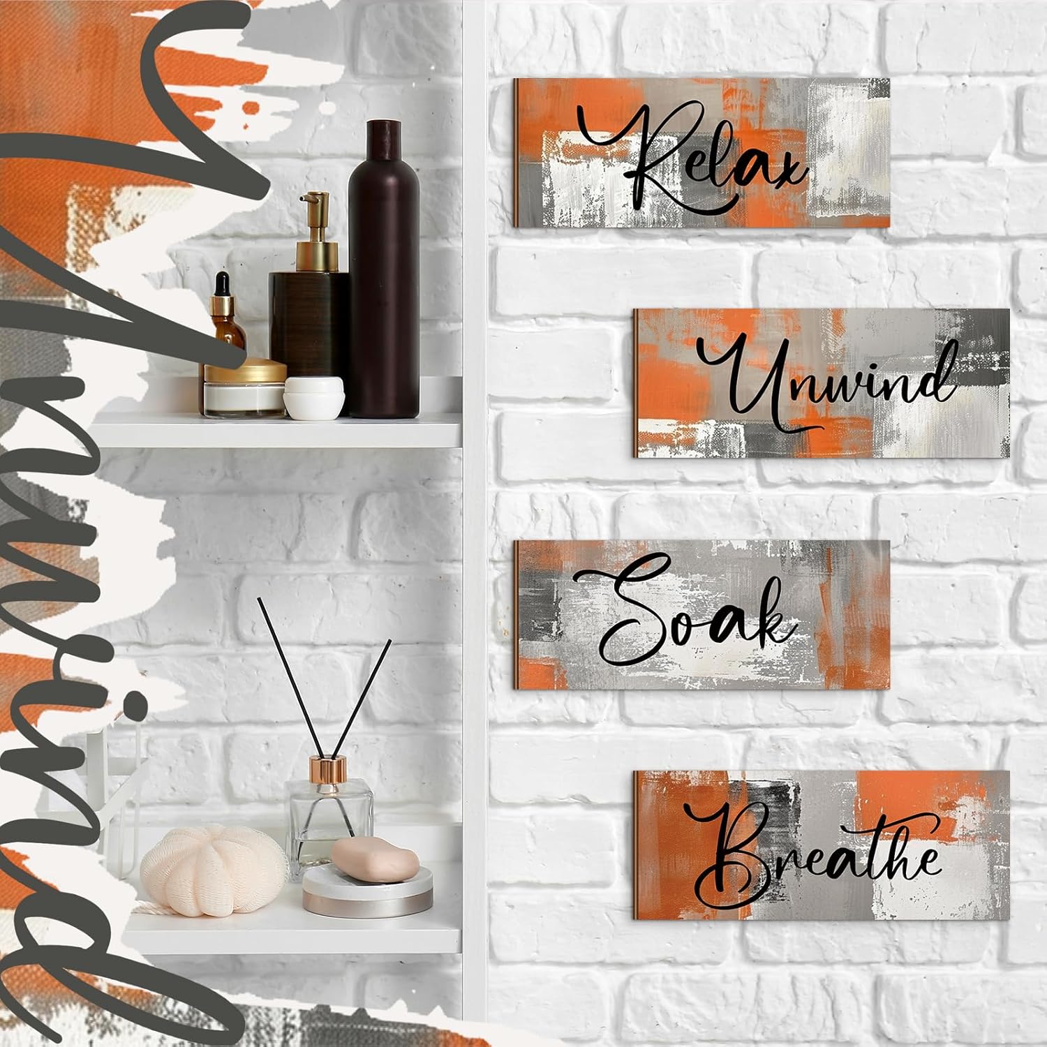 Maitys 4 Pcs Orange Bathroom Wall Decor Wood Art Pediments