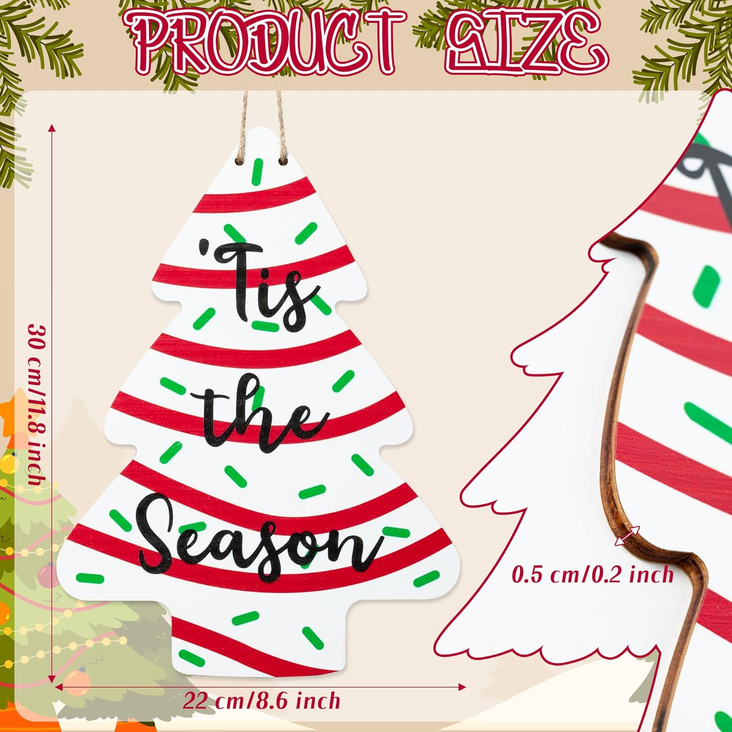 Christmas Tree-Shaped Wooden Door Sign with Hanging String