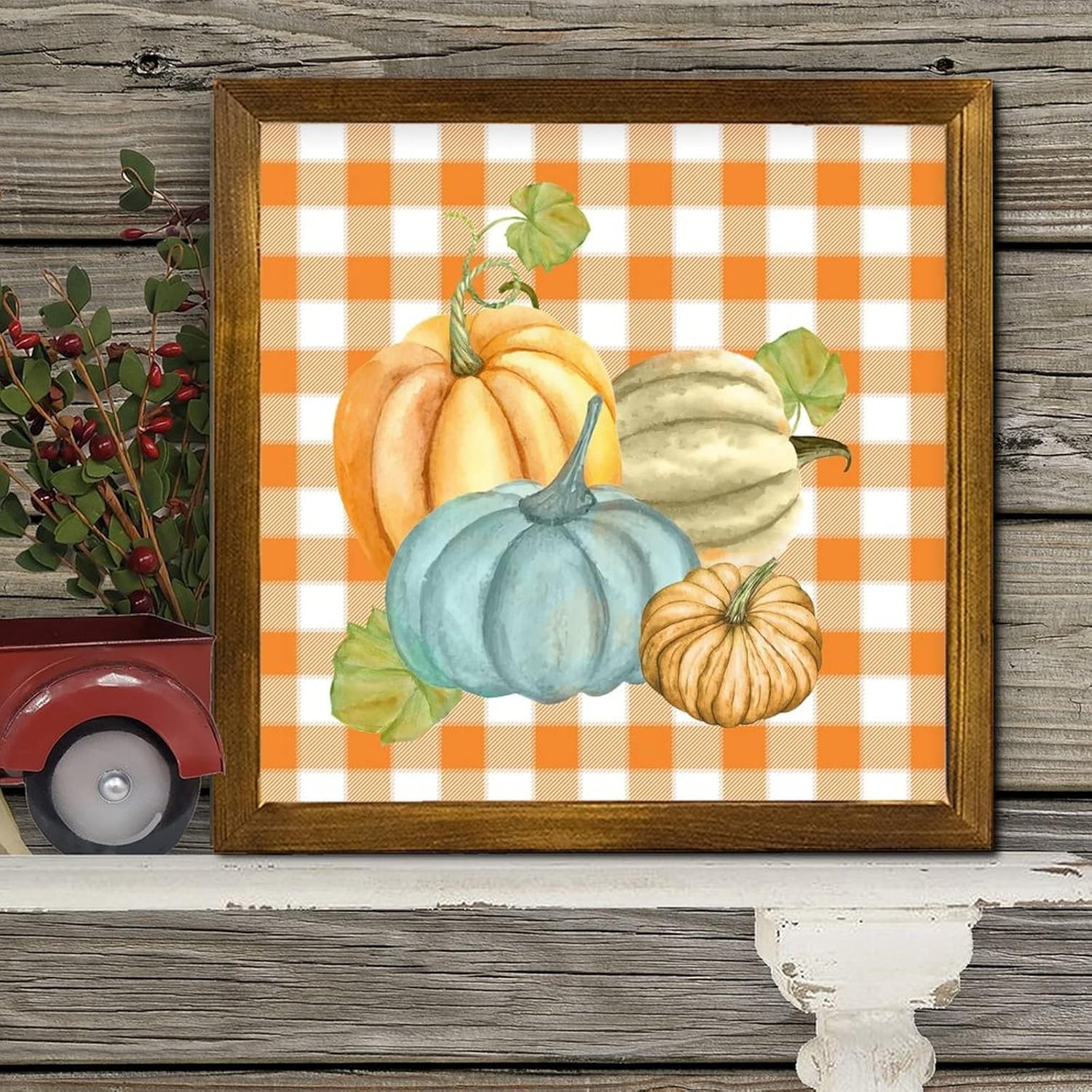 Farmhouse Pumpkin Watercolor Buffalo Plaid Framed Wooden Sign