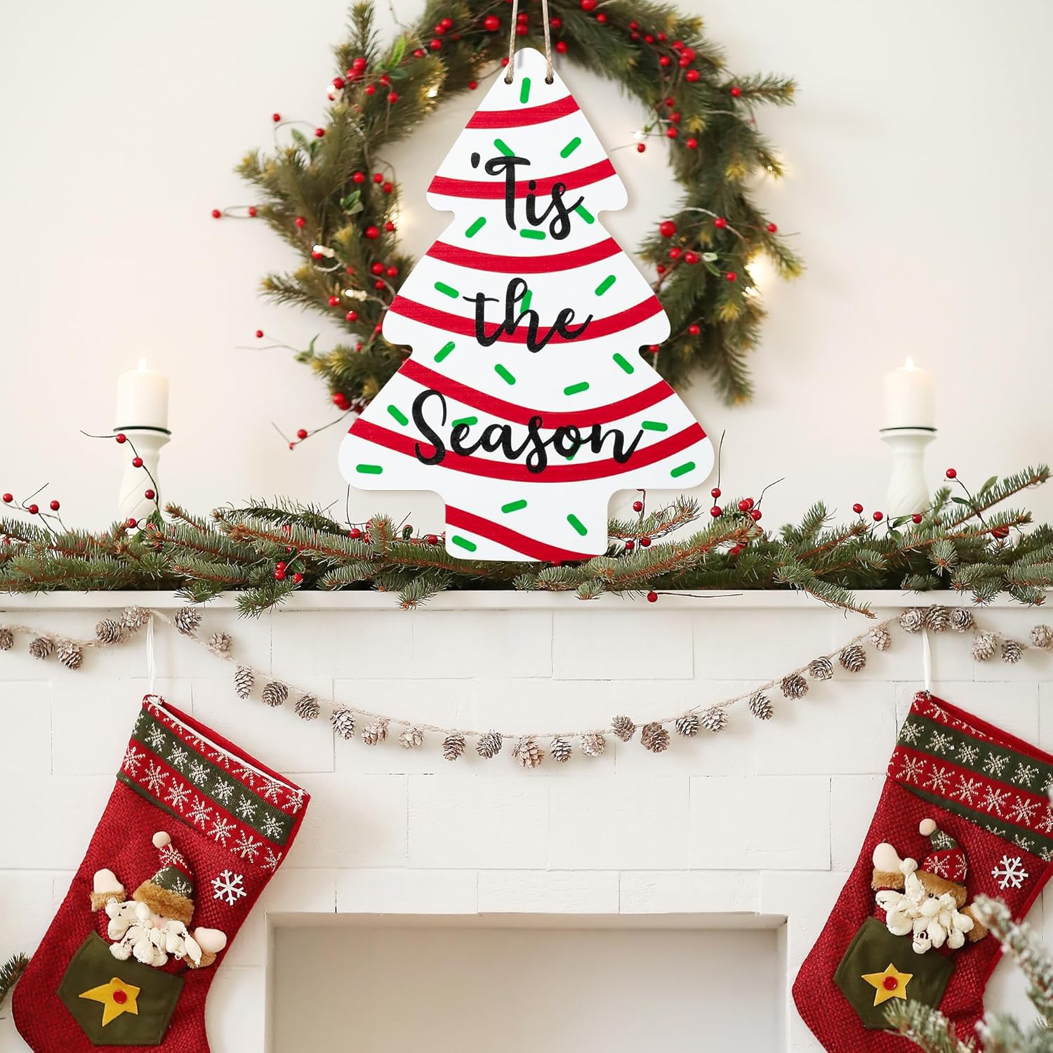 Christmas Tree-Shaped Wooden Door Sign with Hanging String