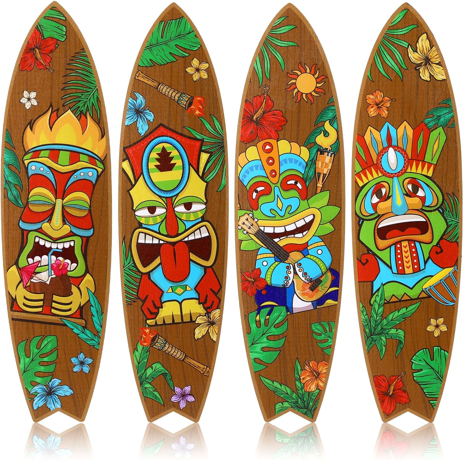 Blulu 4 Pcs Surfboard Wall Decor Wooden Tiki Sign