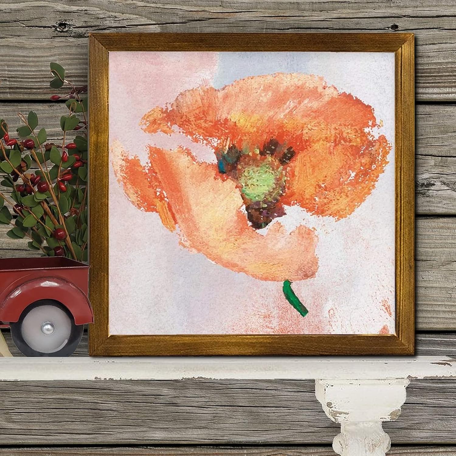 Retro Orange Hibiscus Flower Framed Wooden Sign 12x12 inch