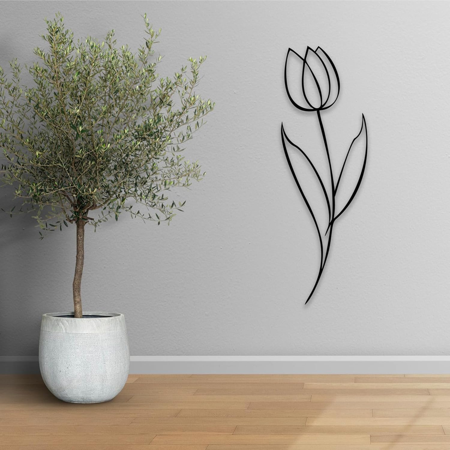 Minimalist Floral Metal Wall Sculpture Modern Tulip Design - 24x8 Inches