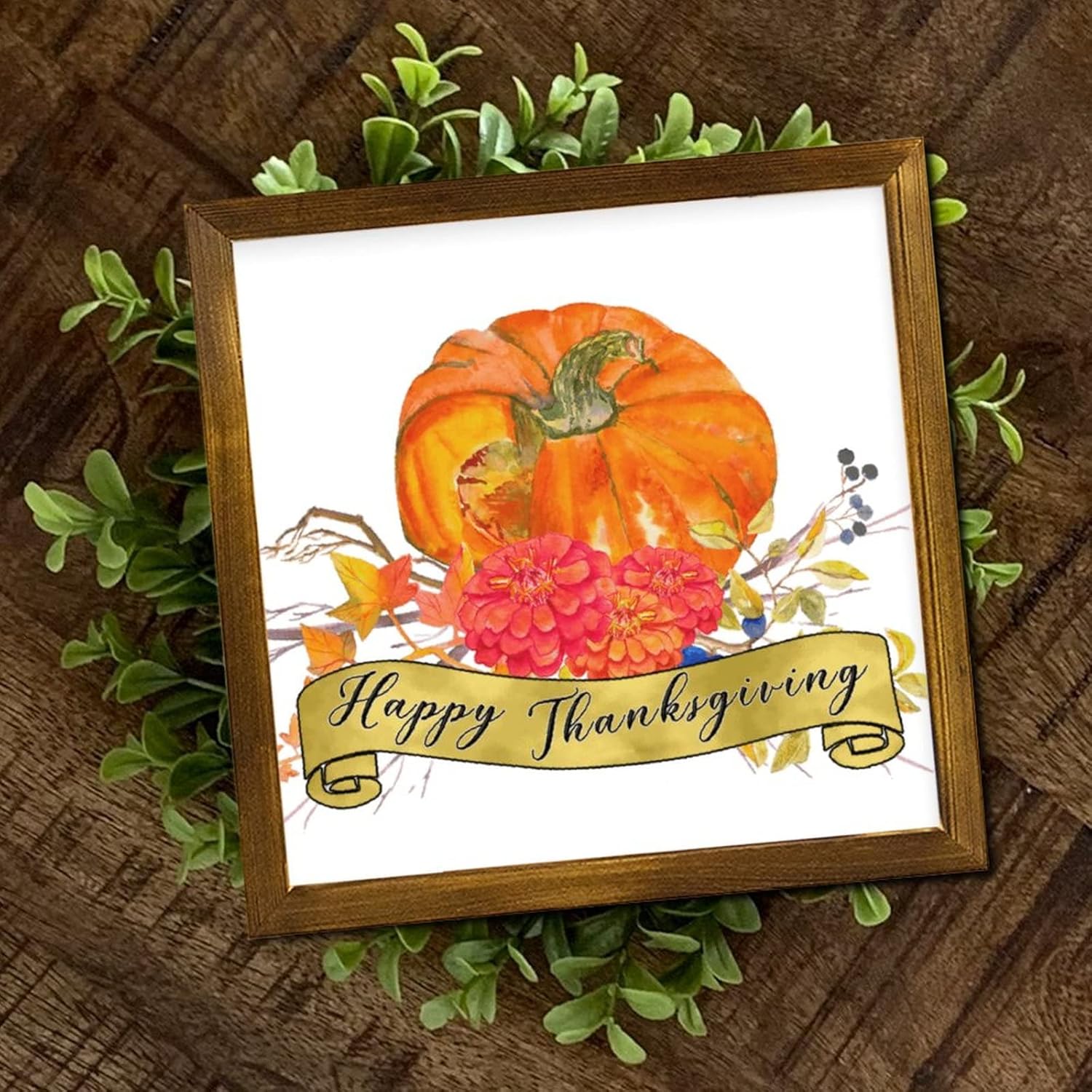 Happy Thanksgiving Framed Wood Wall Sign 12x12 Inch